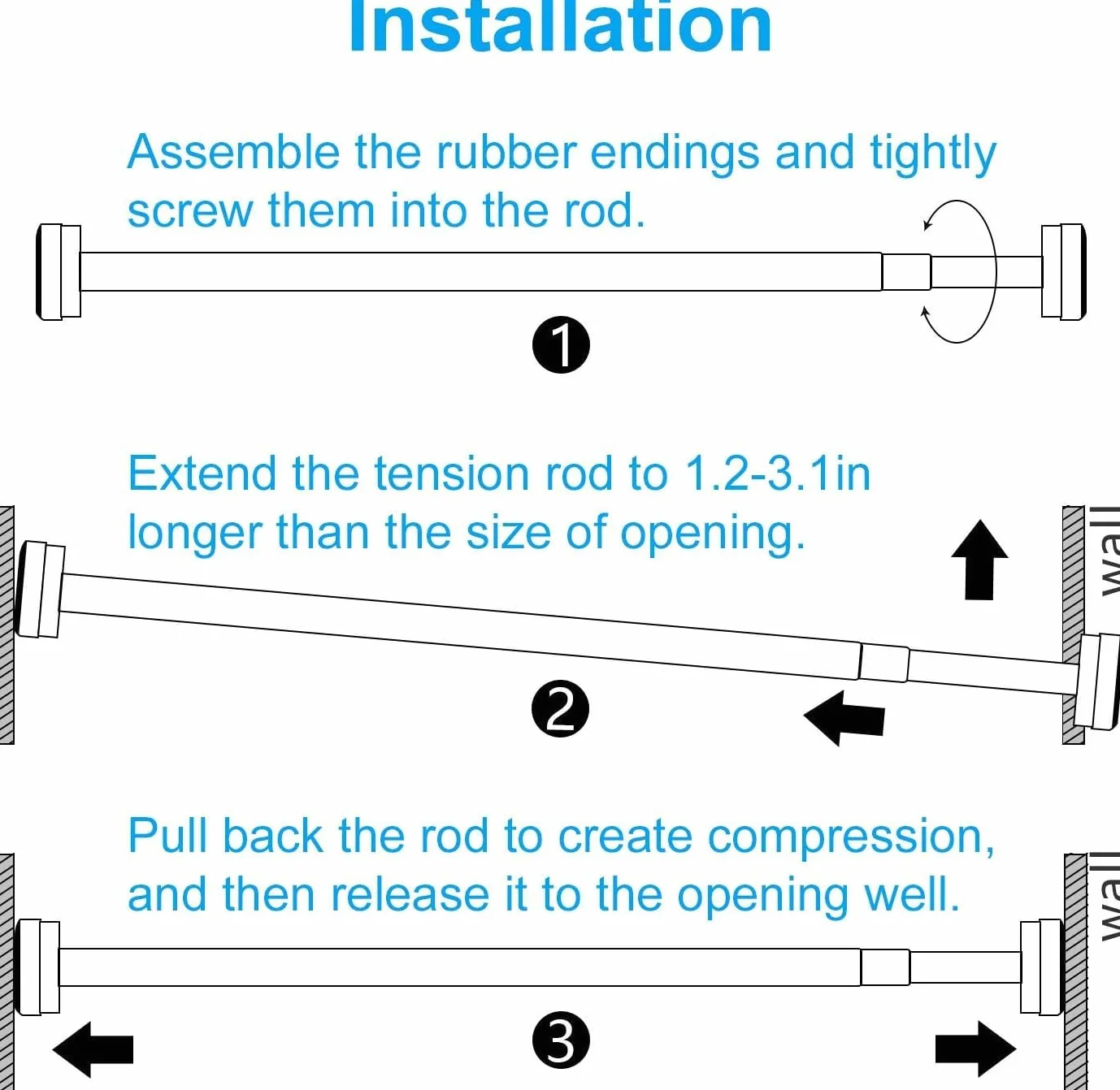 Tringle à rideau télescopique en acier inoxydable 50-200 cm Noir sans perçage