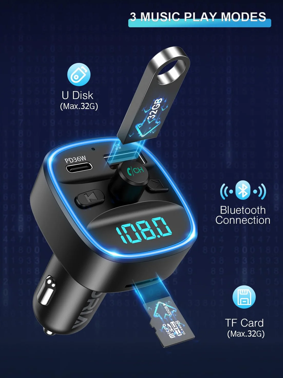 ORIA Nadajnik FM Bluetooth 5.3, bezprzewodowy adapter radia samochodowego z szybkim ładowaniem PD 36 W, podświetlenie LED, zestaw głośnomówiący, kompatybilny z Bluetooth, karta TF, pamięć USB