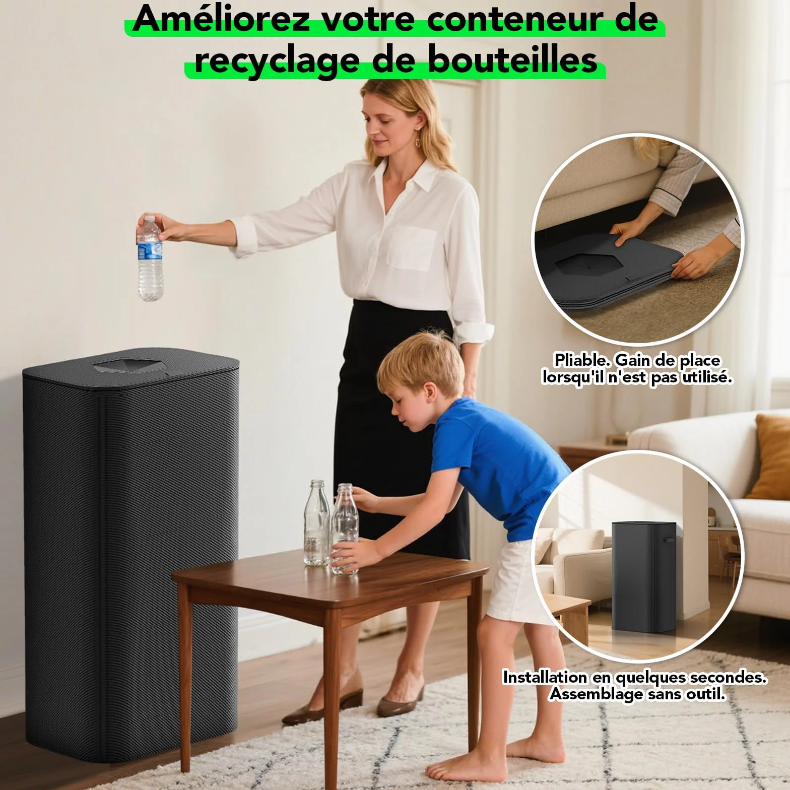 110L Poubelle Tri Selectif Plastique Bouteilles Verre Collecteur avec Couvercle Recyclage