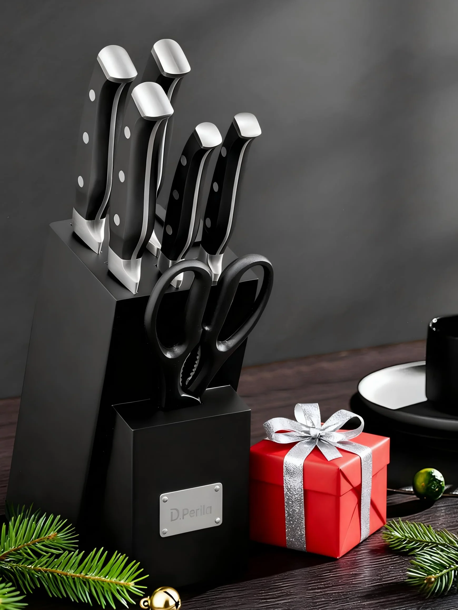 D.Perlla Couteau Cuisine, Bloc de Couteaux 7 pièces avec Affûteur Intégré, Bloc de Bois Noir, Couteaux Ciseaux, Acier Inoxydable, Manche Noir