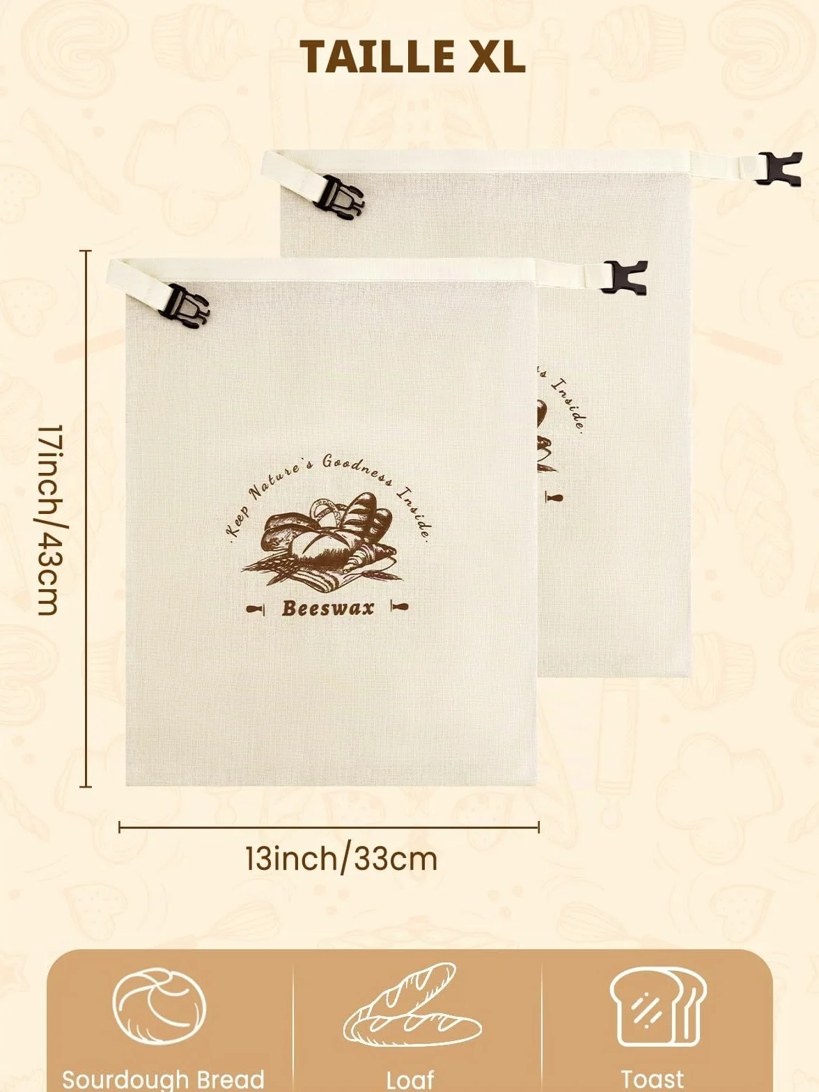 Weenkler Sacs à pain en cire d'abeille réutilisables en lin 30 x 40 cm - Lot de 2