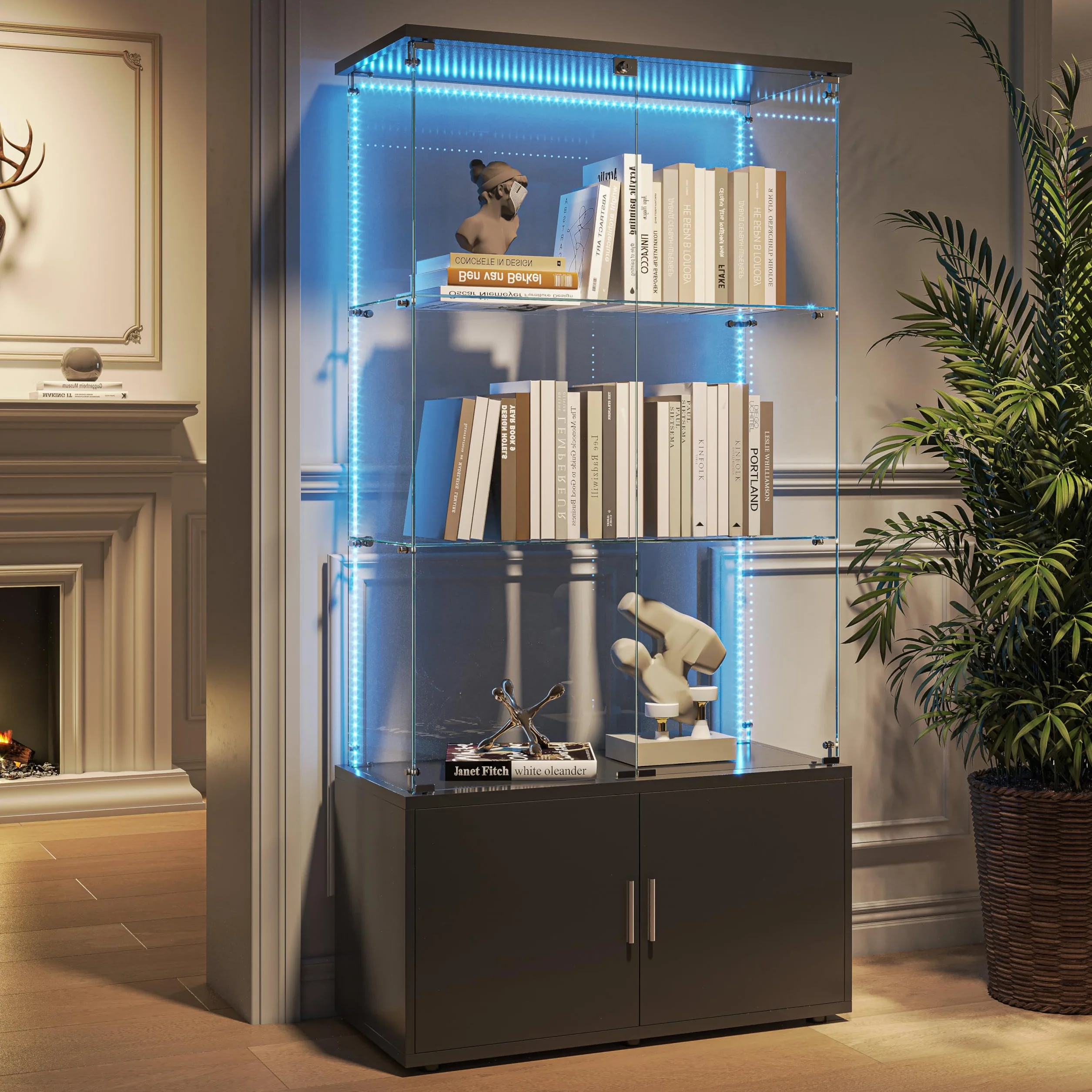 Vitrine d'exposition en verre noir avec 4 étages, vitrines en verre avec serrure, 78,5 × 35 × 164 cm, vitrine en verre vitrine salon avec LED vitrines d'exposition, noir