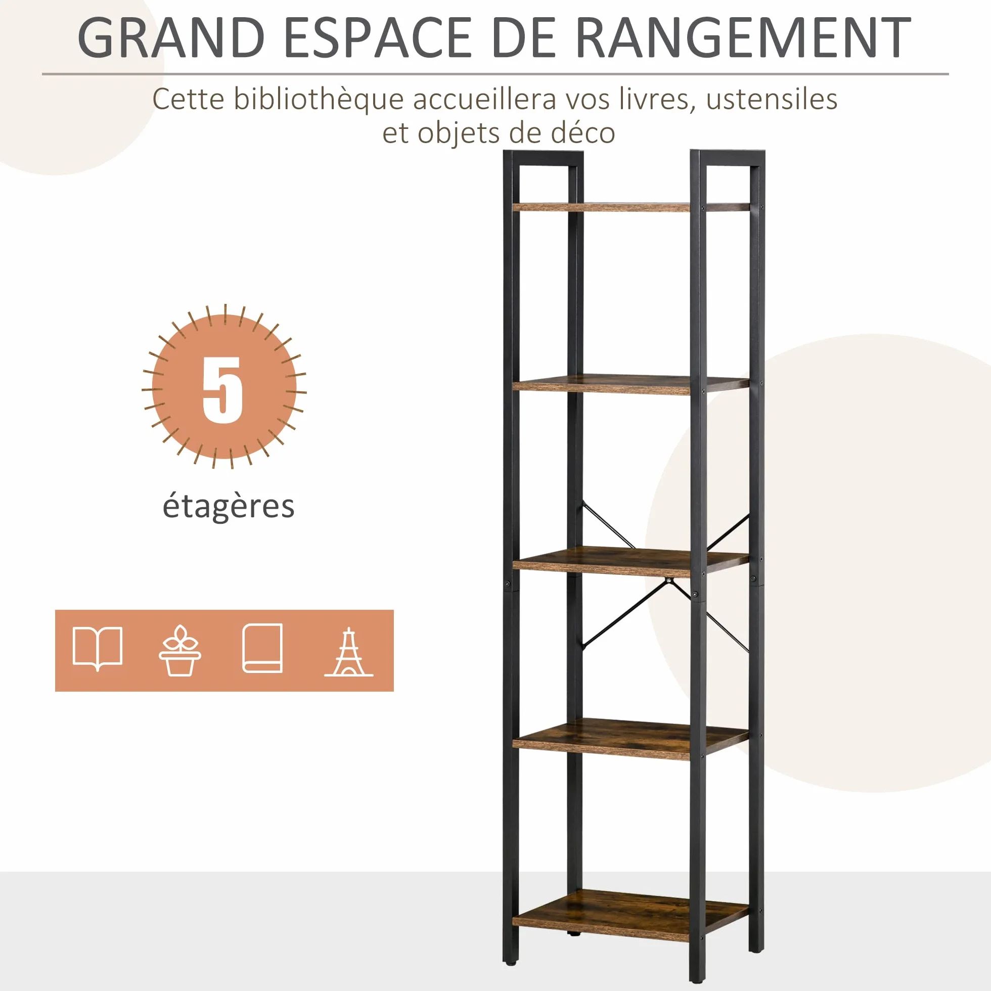 HOMCOM Étagère bibliothèque Style Industriel H154 cm 5 étagères Acier Noir Panneaux Particules Aspect Bois Vieilli