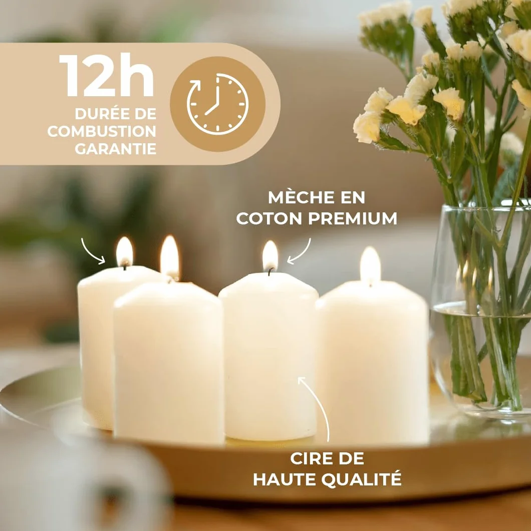 Bougies Piliers Horeca Ivoire Ø 4 x 7 cm Lot de 20 Longue Durée 12 Heures Cire Non Parfumées
