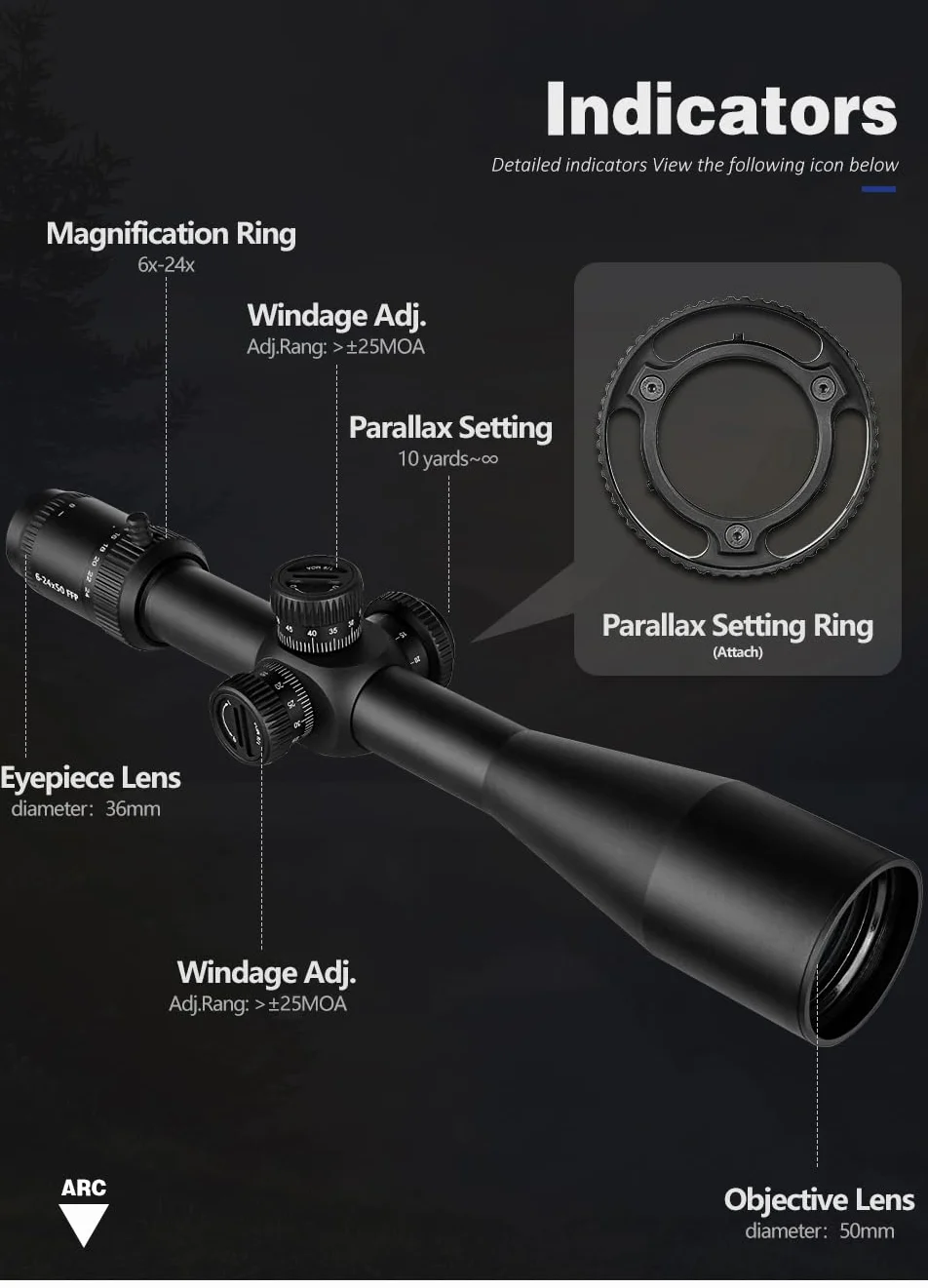 SPINA OPTICS 6-24X50 FFP Pierwszy Focus Plane Telescopic Sight Zakres karabiny MIL Dot Reticle Polowanie Strzelanie karabiny Optical Sight