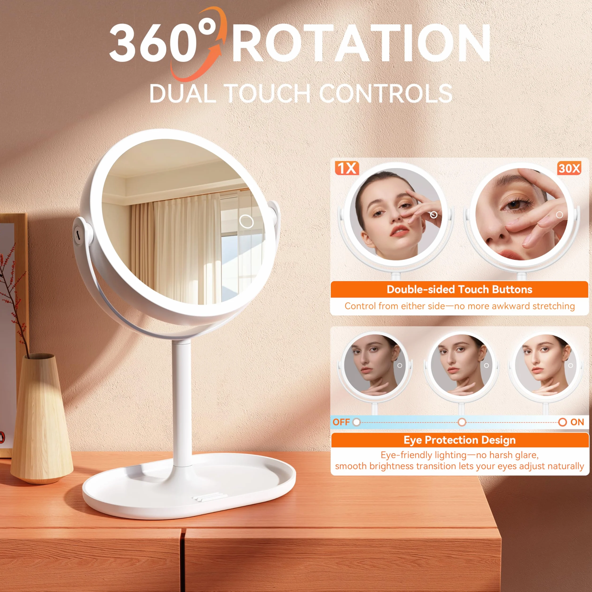 Auxmir Miroir de Maquillage Éclairé 30X/1X, LED Intensité Variable, Rotation 360°, Miroir Grossissant Lumineux