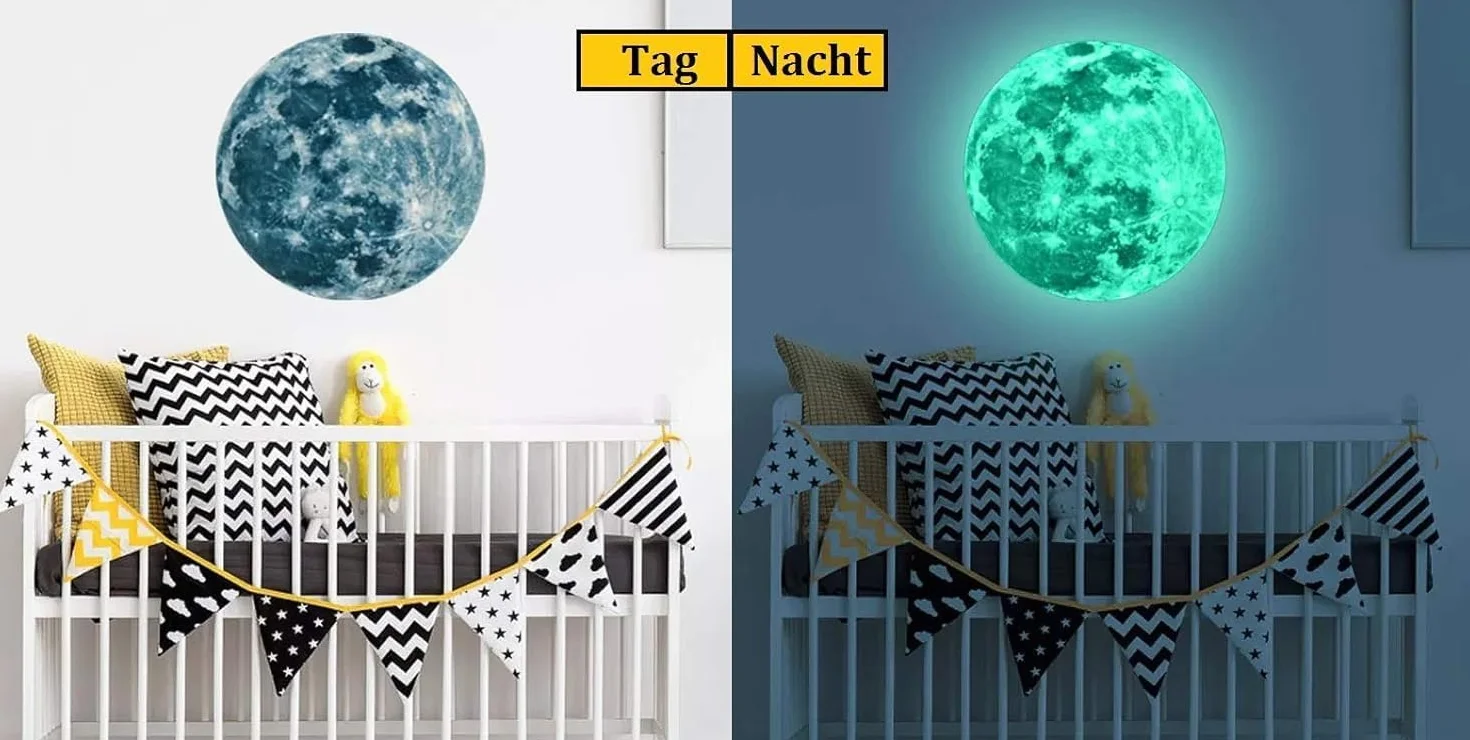 Grande LUNE phosphorescente 30x30 cm Stickers étoiles autocollantes lune lumineuse murale Déco fluorescente chambre
