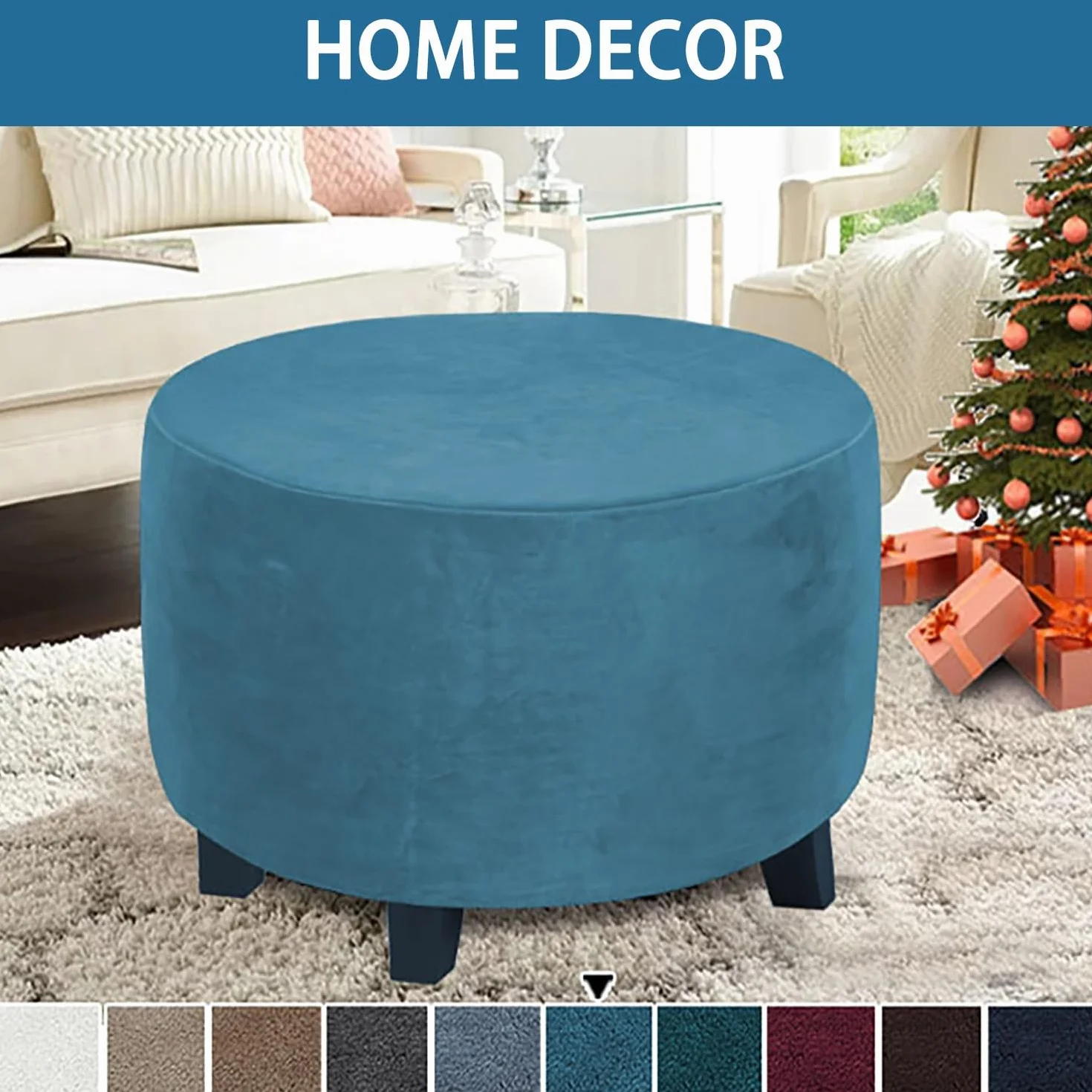 Housse de Pouf Rond 40cm 60cm 35cm Extensible Velours Protecteur Ottomane Cover Repose Pieds Tabouret Ivoire