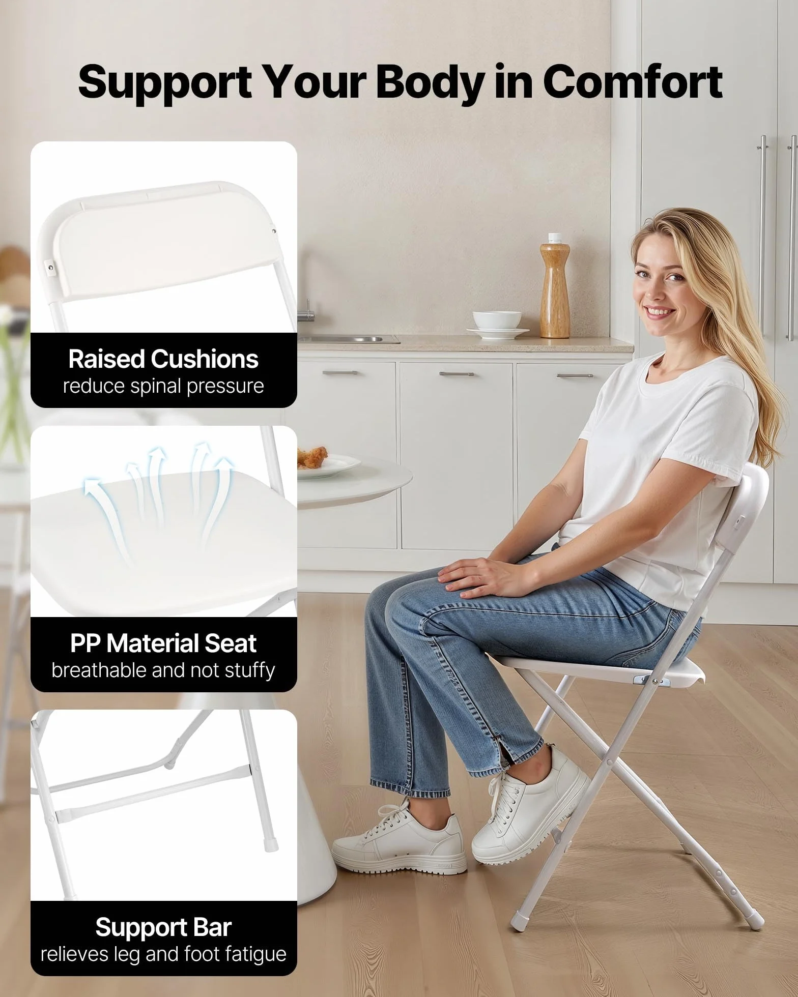 VEVOR Lot de 4 Chaises Pliantes Portables, Chaise de Salle à Manger en Plastique avec Cadre en Métal, Sièges Empilables pour Intérieur et Extérieur, Maison, Cour, Jardin, Fêtes, Événements, Blanc