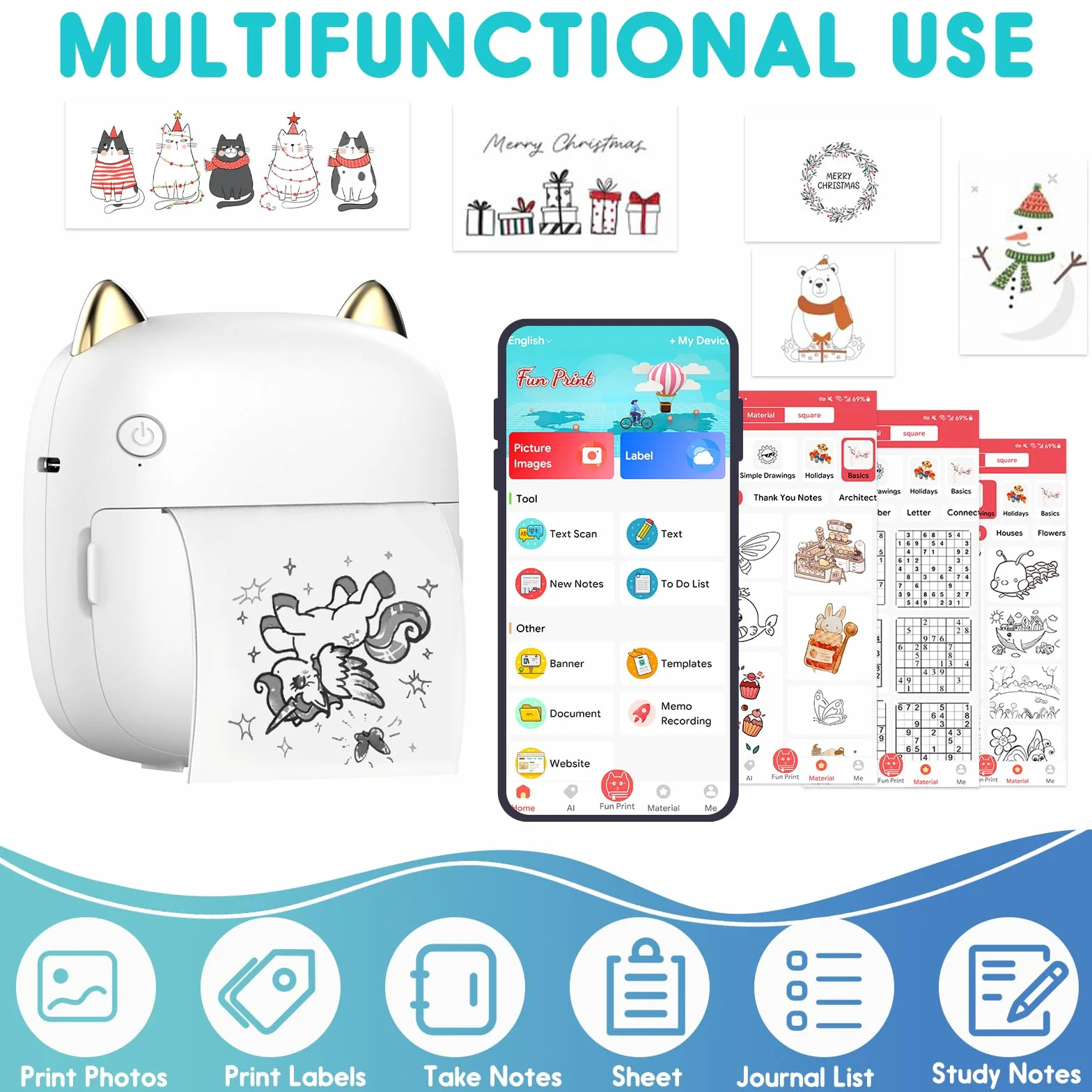 Mini Imprimante Thermique Portable Bluetooth pour iOS Android, 14 Rouleaux Papier, Étiquettes, Images, Blanc
