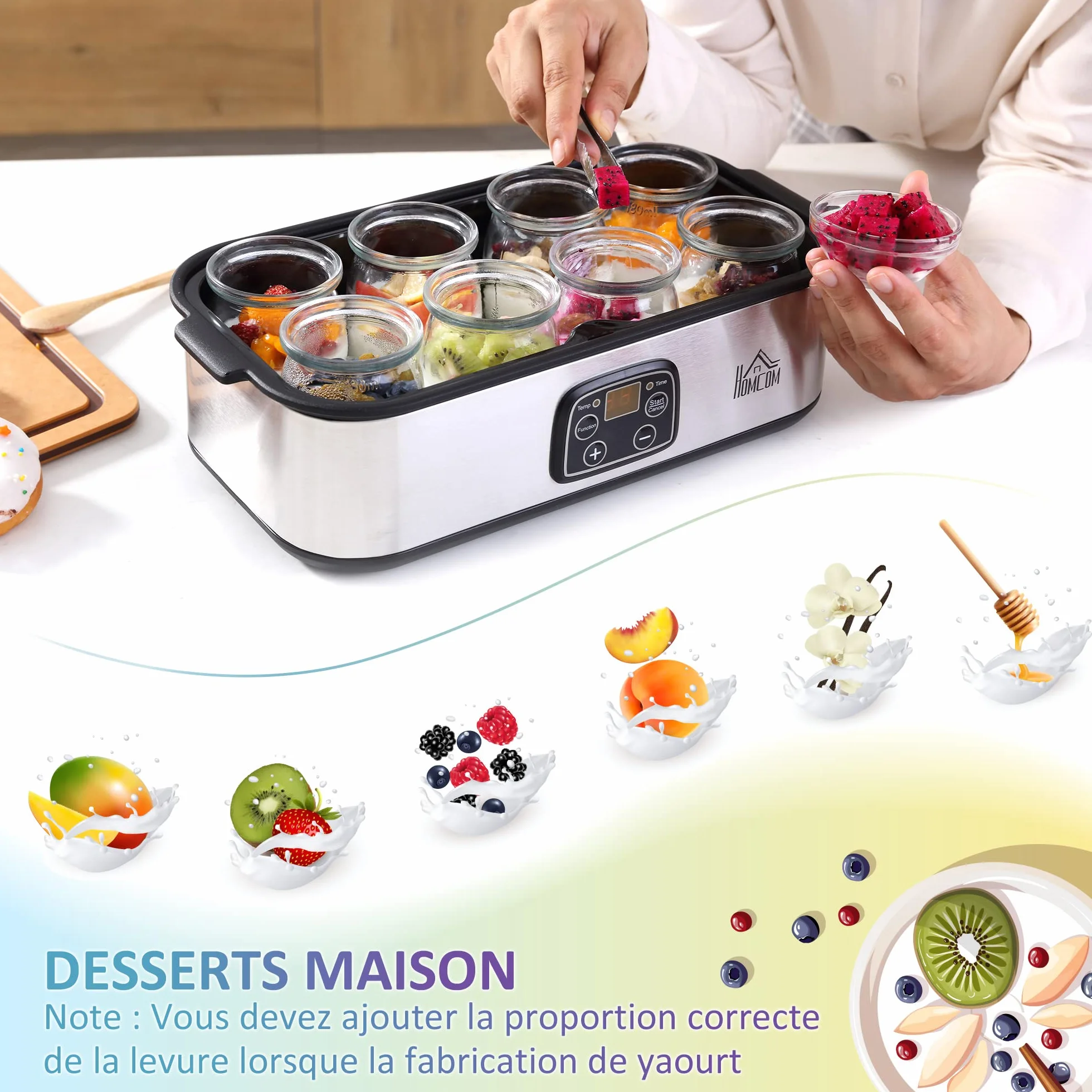 HOMCOM Yaourtière avec 8 Pots en Verre de 180ml, Machine à Yaourt Électrique en Acier Inoxydable avec Minuterie, Thermostat Réglable et Affichage Numérique pour des Desserts Maison Sains