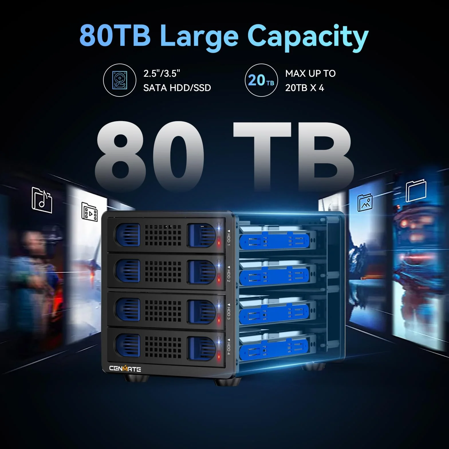 Obudowa dysku twardego z 4 kieszeniami do 2,5/3,5" SATA HDD/SSD z kablem USB A/C 3.0, obudowa dysku twardego 3,5, obsługuje pojemność 80 TB (bez RAID/NAS)