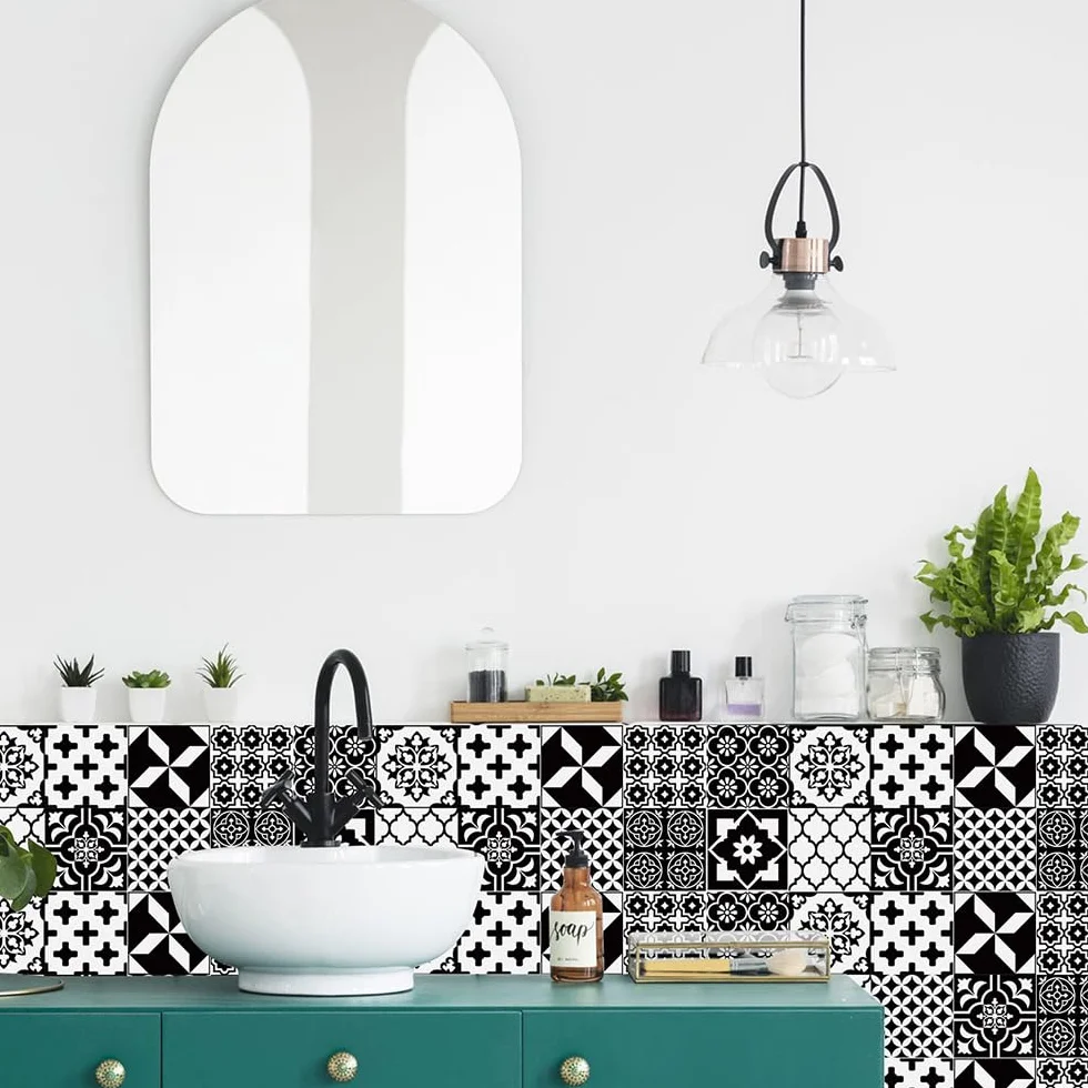 Autocollants de carrelage 3D imperméables 10x10 cm noir et blanc écailles de poisson pour cuisine salle de bain