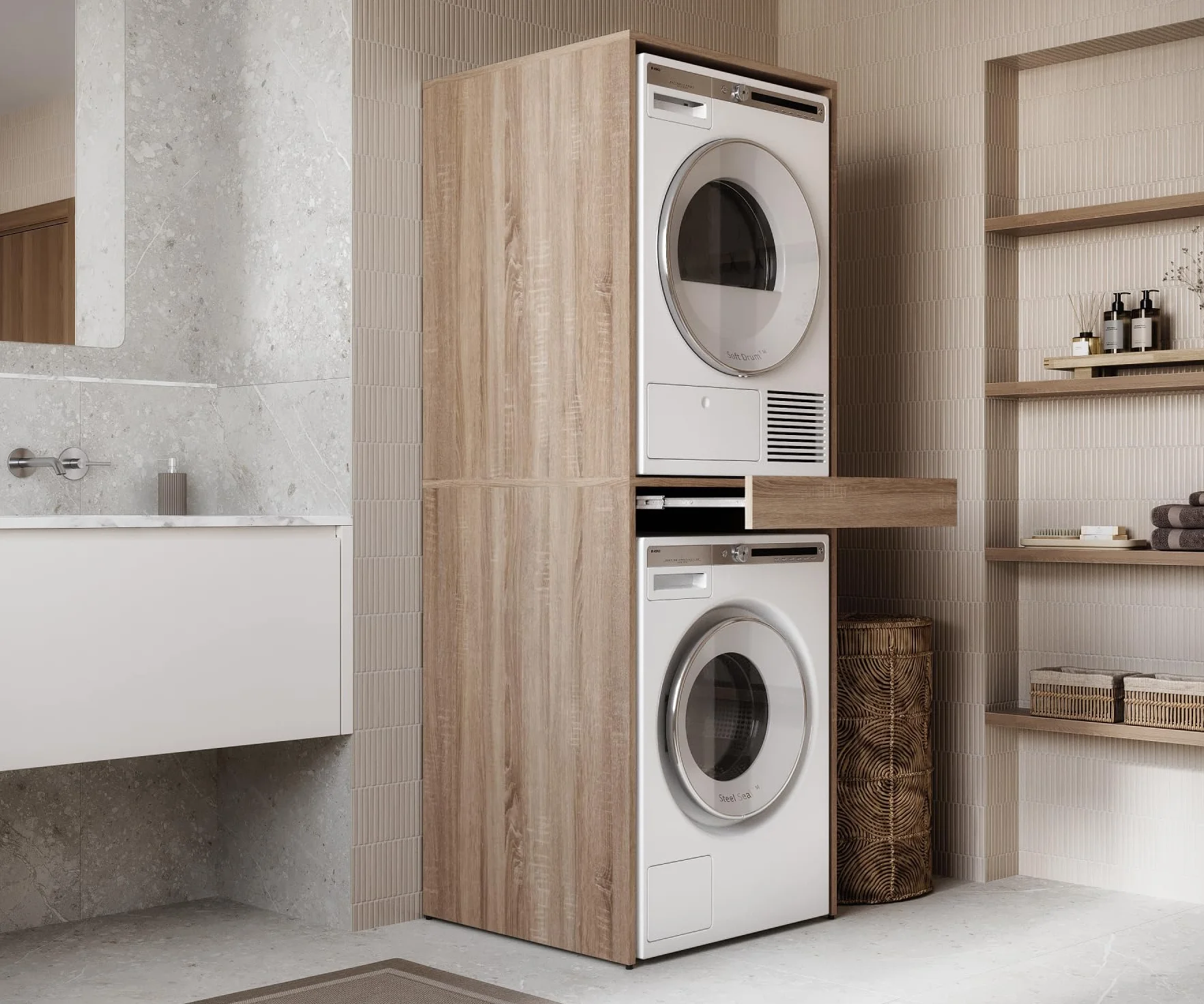 PLATAN ROOM Armoire pour machine à laver et sèche-linge avec plateau coulissant • Meuble pour machine à laver et sèche-linge • Armoire haute 187 x 65 x 66 cm (chêne Sonoma)