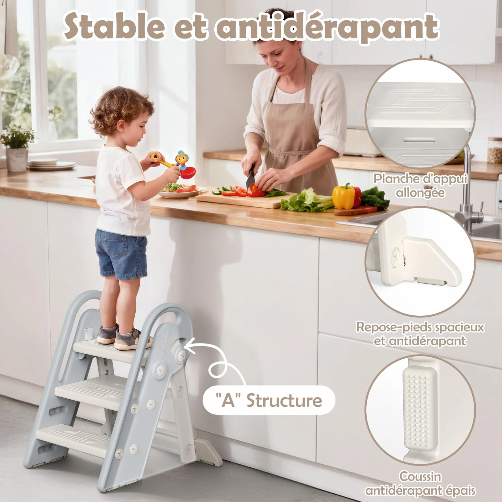 Marche Pied Pliable pour Enfant, Marchepied à Hauteur réglable, Multifonction, Marche Pied Toilette Enfant de la propreté avec poignées, Cadeaux pour garçons et Filles de 1,5 à 8 Ans-Gris Blanc