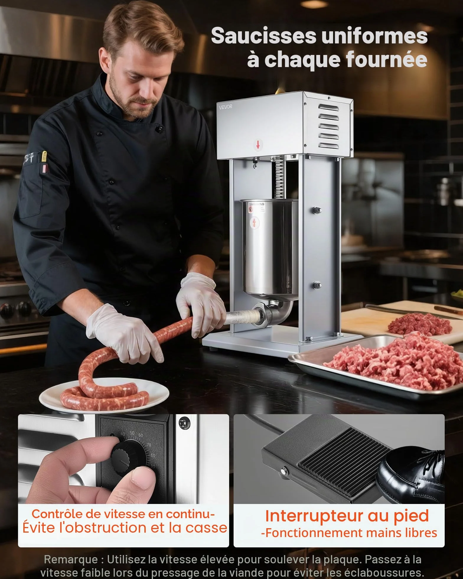 VEVOR Poussoir à Saucisses Électrique 10 L, Machine à Saucisses Verticale en Acier Inoxydable, pour Saucissons Restaurant Supermarché Boucherie, Réglage Continu de la Vitesse, 4 Tubes de Remplissage