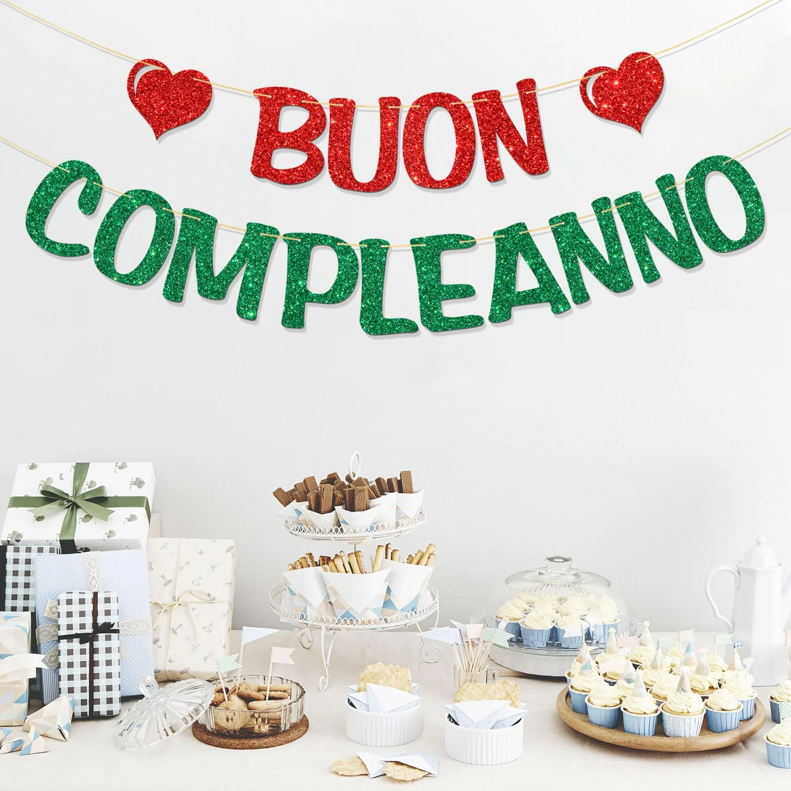 Bannière Buon Compleanno – Décorations de fête d'anniversaire italiennes – Paillettes rouges et vertes
