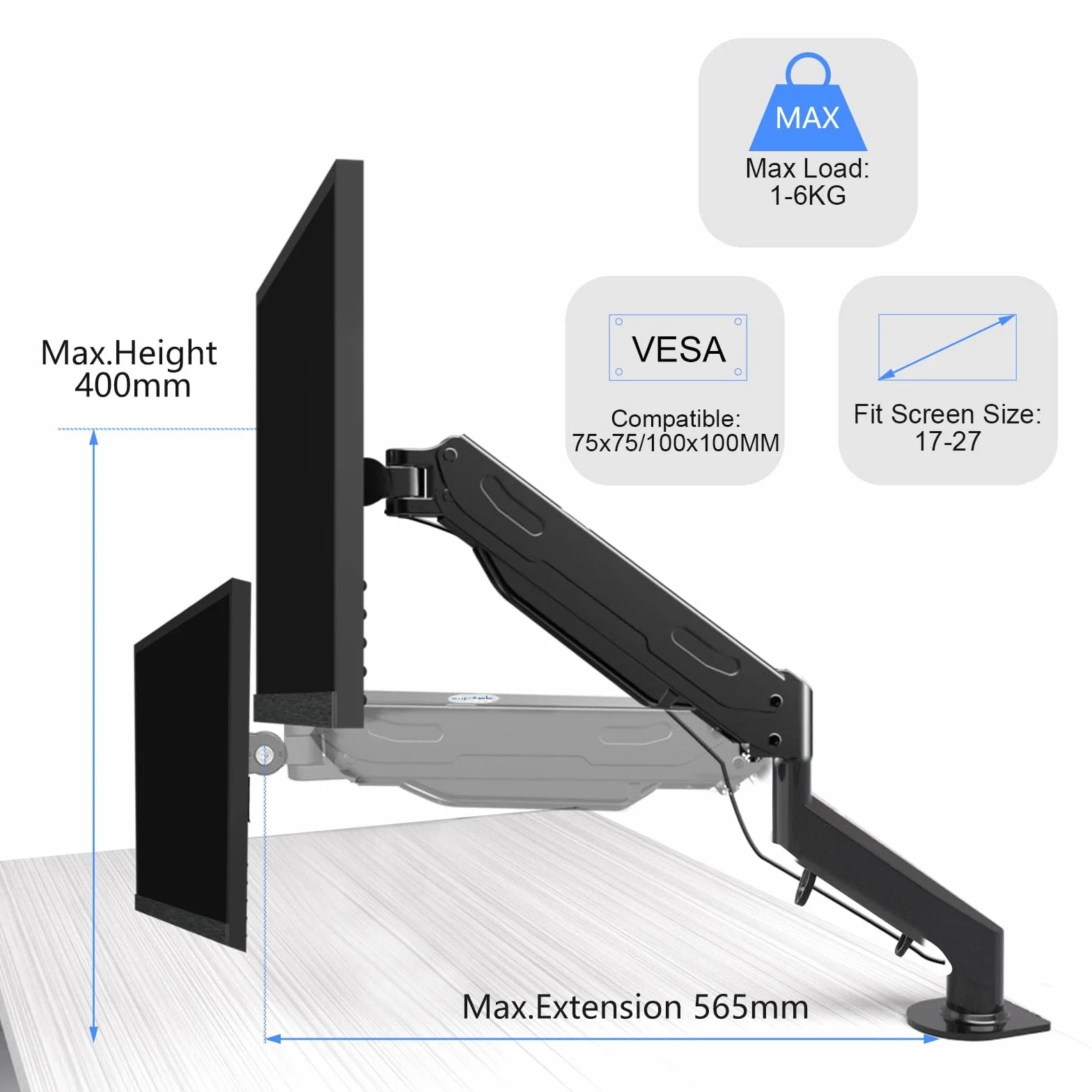 Pholiten Bras Ecran PC pour écran LCD LED 13-27", Support VESA 75x75/100x100mm, Rotatif 360°, Réglable en Hauteur