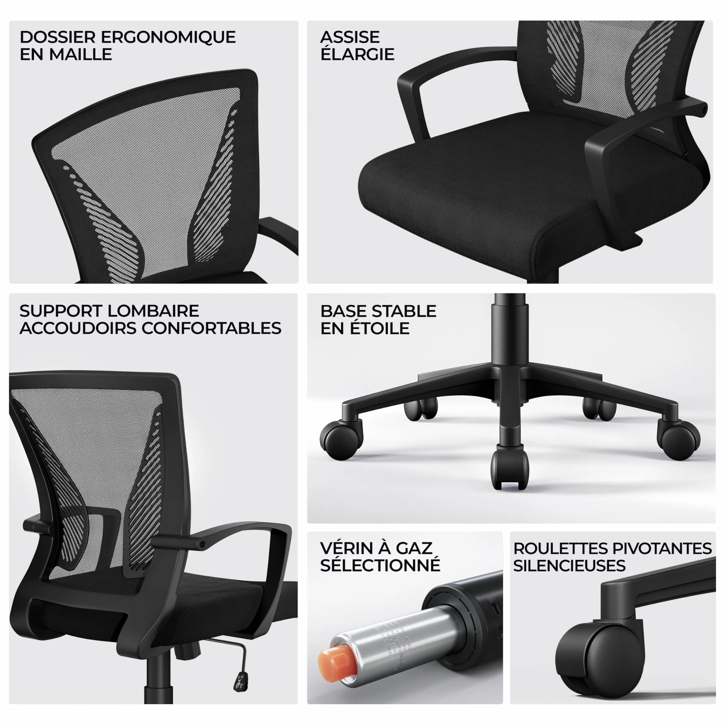 Yaheetech Chaise Bureau Fauteuil Ordinateur Réglable Inclinable Dossier Maille Respirante Roulettes Pivotantes Charge 136kg Noir