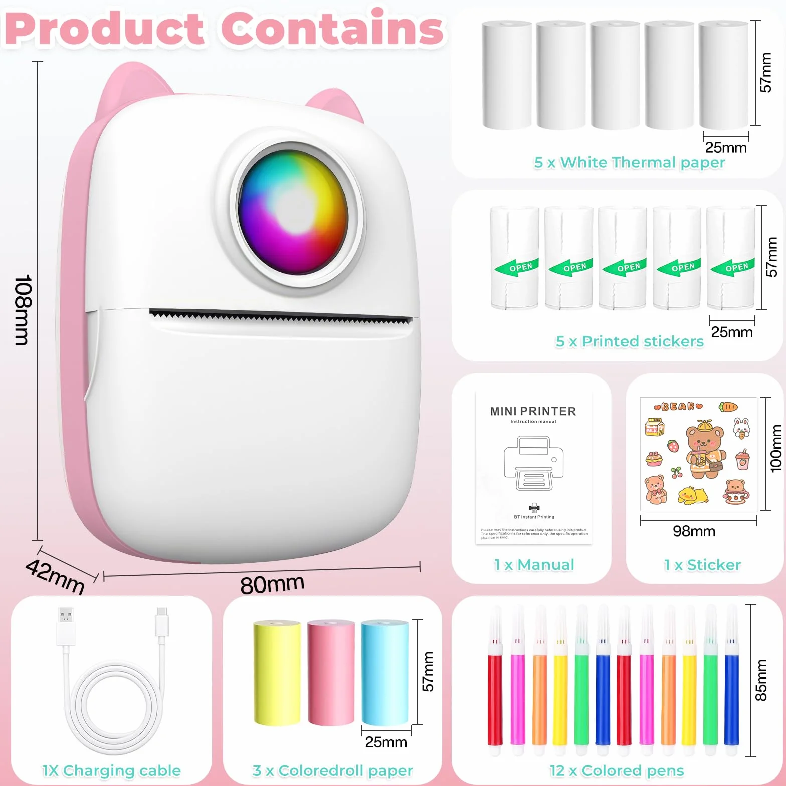 Mini Imprimante Portable Bluetooth Thermique sans Encre pour iOS Android Notes Photos Journal Étiquettes Rose