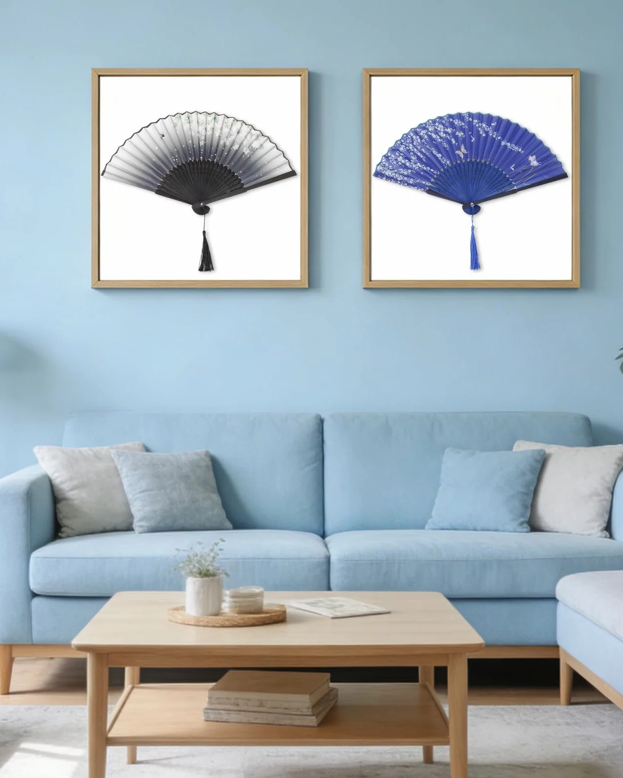 Éventails Pliants à Main avec Frange, Ventilateur Portable pour Fête Mariage Danse, Cadeau pour Dame et Homme (Noir et Bleu)