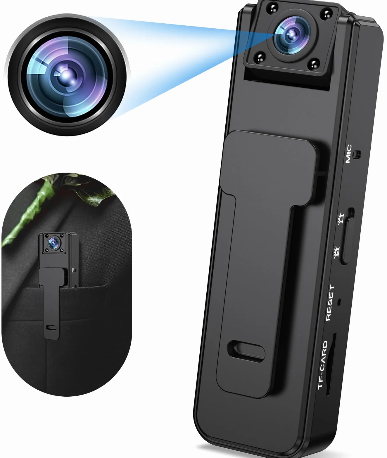 Onherm Mini kamera szpiegowska z klipsem, ukryta kamera może działać bez Internetu, nagrywanie wideo i audio, 1080P HD i noktowizor, regulacja obiektywu 180°