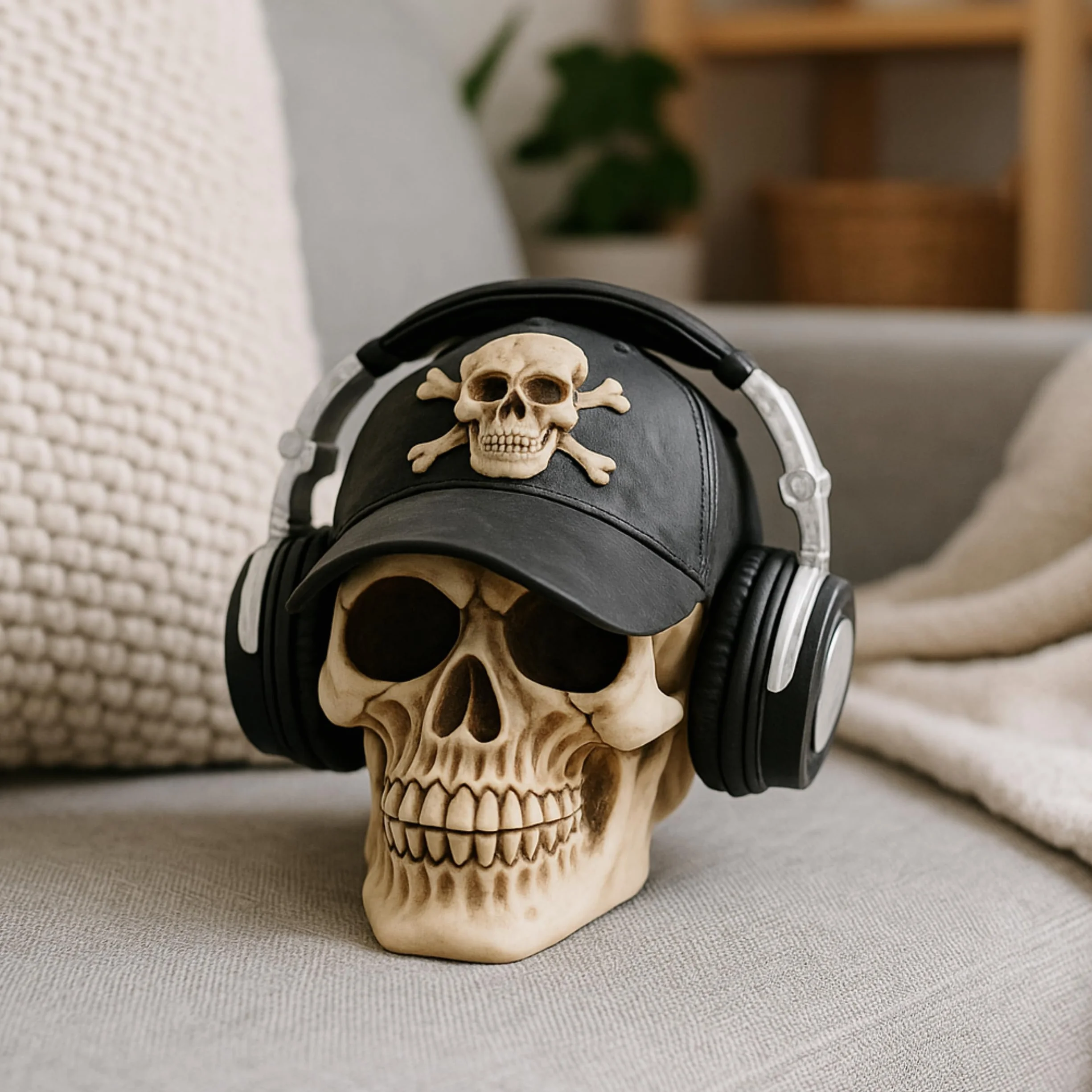 Tête de mort décorative marron avec casquette de baseball - Crâne Dark Romance - Décoration Halloween effrayante