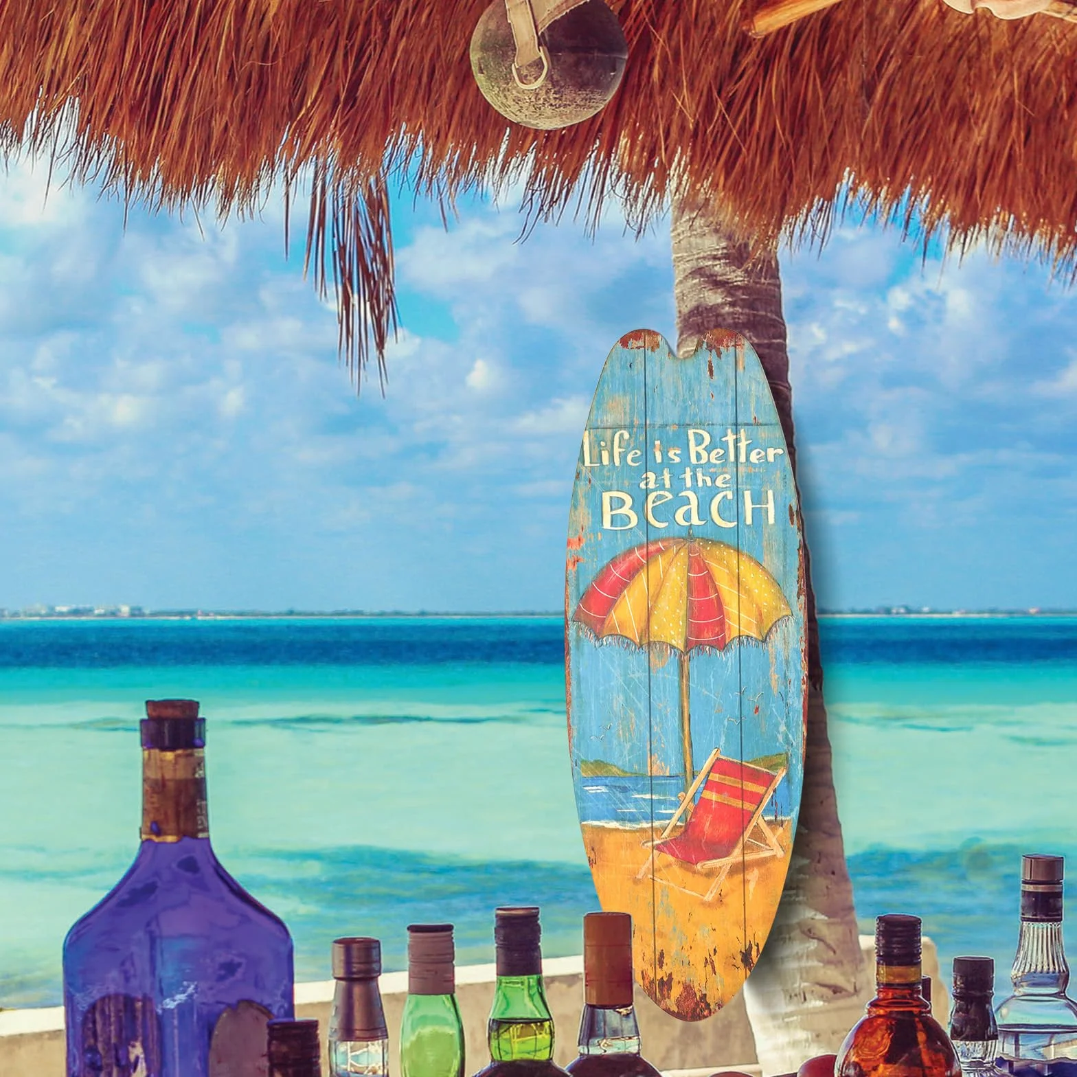 Planche à Pagaie Deco Murale Bois 4 Pièce, Décoration Intérieur Piscines Plage