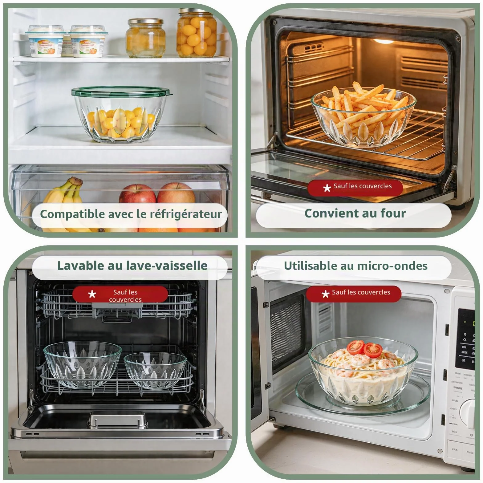 WhiteRhino Saladiers en Verre avec Couvercles,Lot de 5 (0,8L, 1,05L, 1,6L, 2,7L, 4,45L),Grand Bol à Salade Motif Forme en feuille&Couvercles verts Transparents,Bols Empilables pour Préparer,Cuisiner