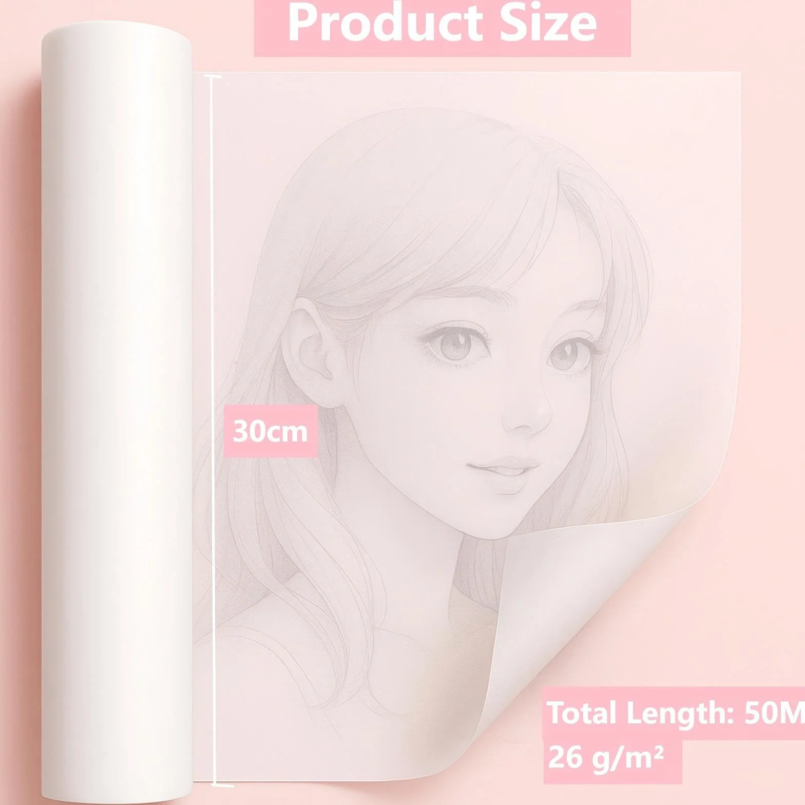 Papier Calque en Rouleau 30 cm x 50 m 26 g/m² Transparent pour Croquis Couture et Bricolage