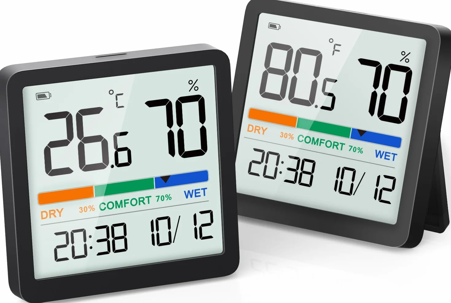 NOKLEAD Thermomètre d'ambiance numérique Hygromètre d'intérieur avec date horloge Indicateur de confort Noir