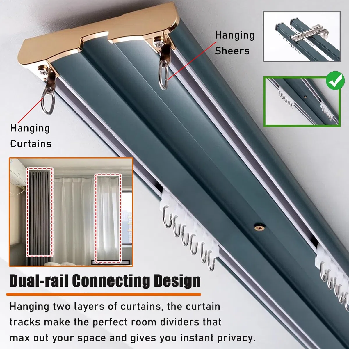 Support de tringle à double rail coulissant pour locataires, idéal pour le salon et la chambre à coucher et 13 m de long à