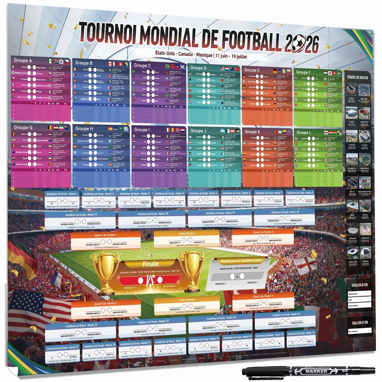 AhfuLife Calendrier Coupe du Monde de Football 2026, 100 x 70cm Poster 48 Pays Phase de Groupes Résultats Finale