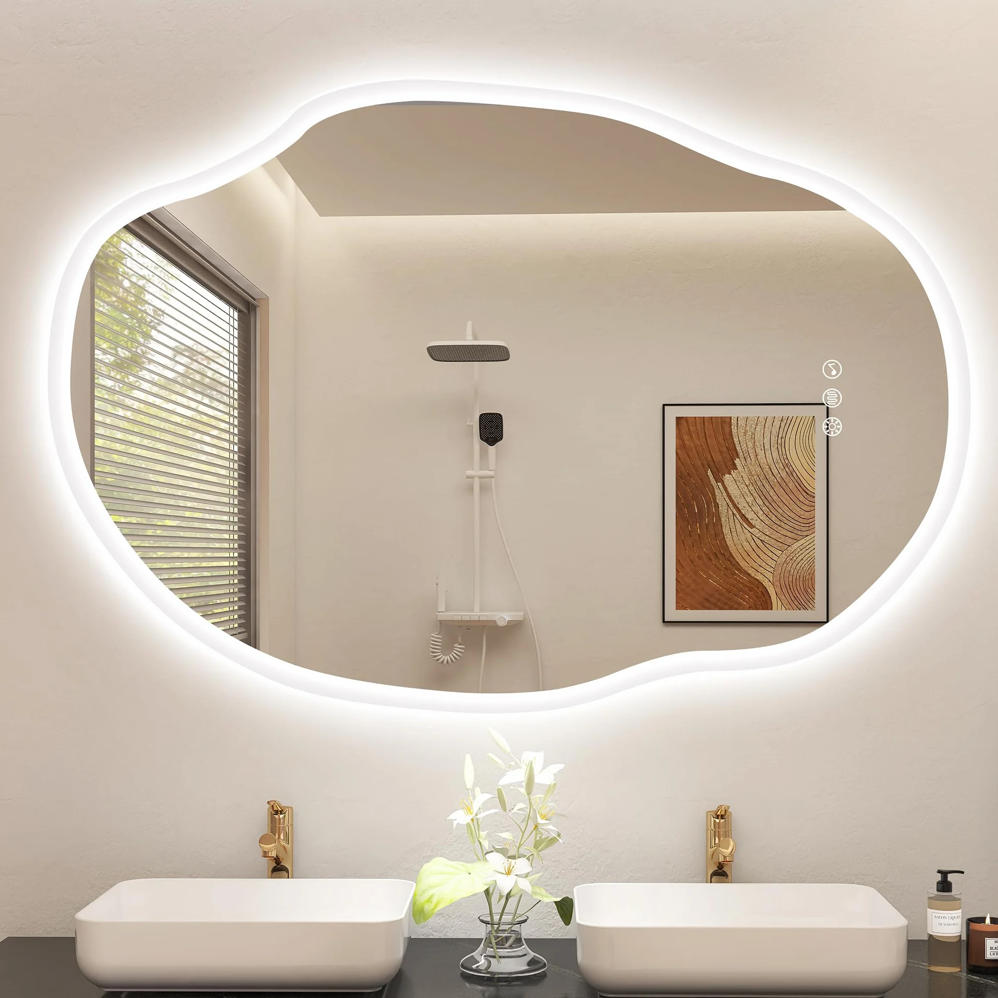 S'bagno Irrégulier Miroir Salle de Bain avec Eclairage 70x100cm, Bluetooth Miroir LED Salle de Bain, Anti-buée, 3000K-6500K, Dimmable, Mémoire, IP44 Miroir Lumineux Salle de Bain, Horizontal/Vertical
