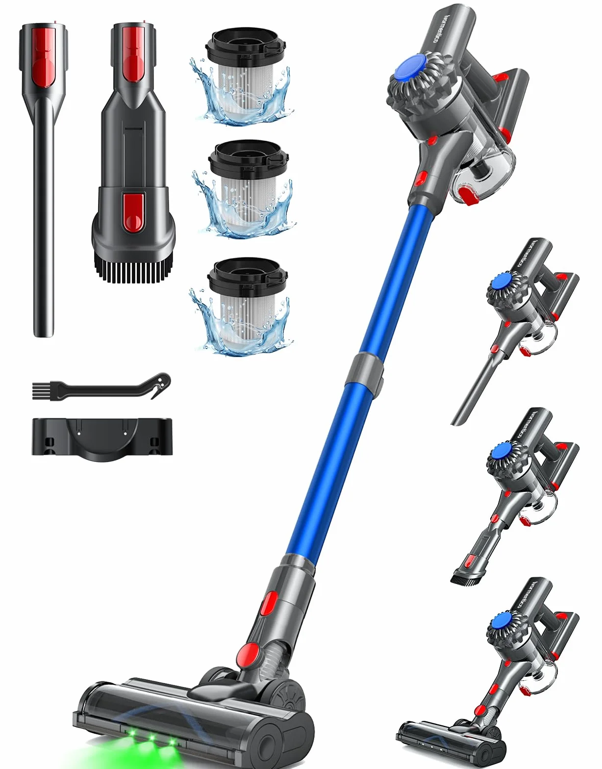 Aspirateur Balai sans Fil, 50Mins/40KPA/450W Aspirateur sans Fil, Aspirateur Balai avec LED Verte, Aspirateur avec Brosse à Plancher Améliorée, pour Tapis, Sols Durs, Poils d'animaux, Bleu
