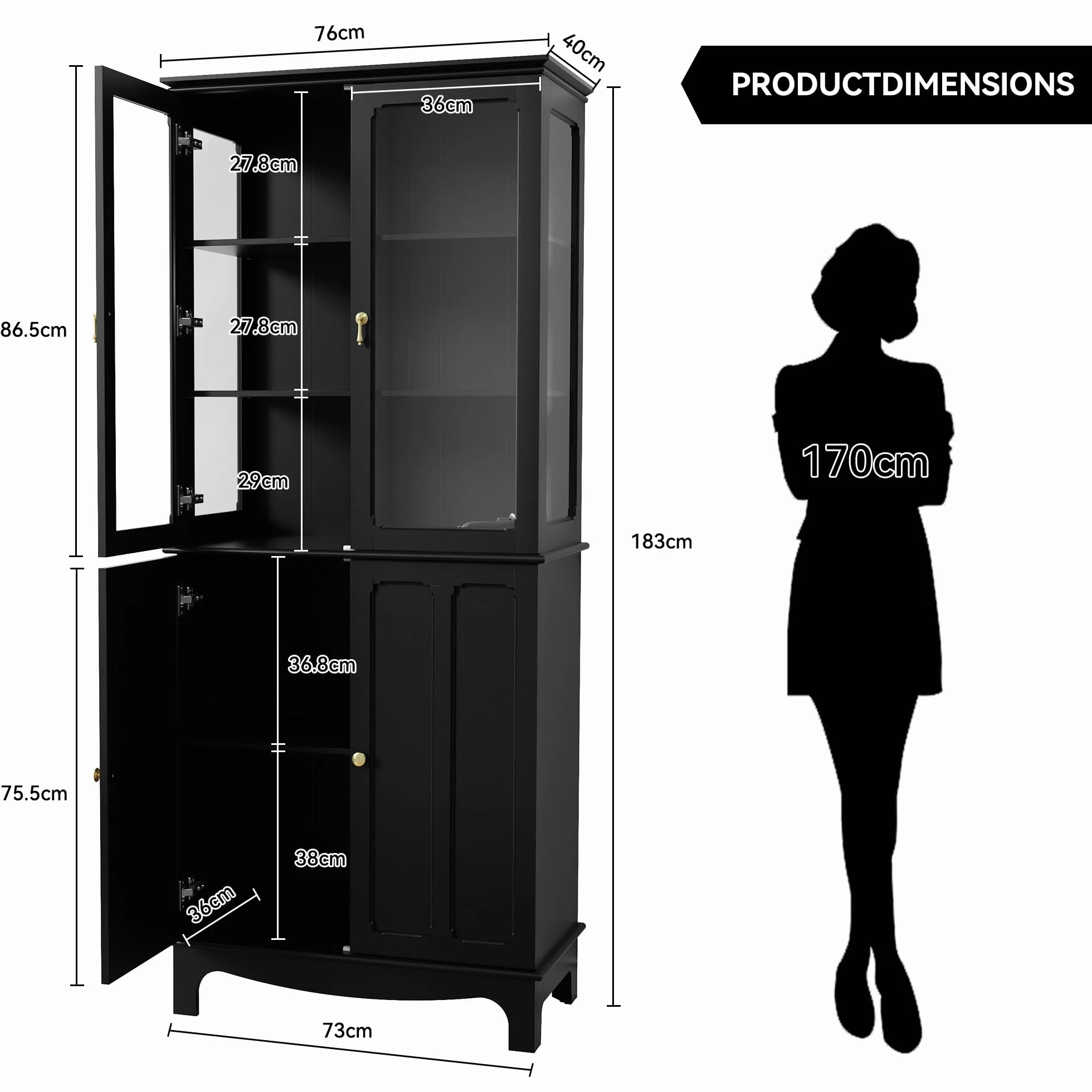 HOLTICO Armoire de Cuisine indépendante avec Porte en Verre, Armoire de Cuisine en Verre vitrines Armoire Haute avec Porte en Verre et étagères réglables pour Cuisine, 40P x 76L x 183H cm,Noir