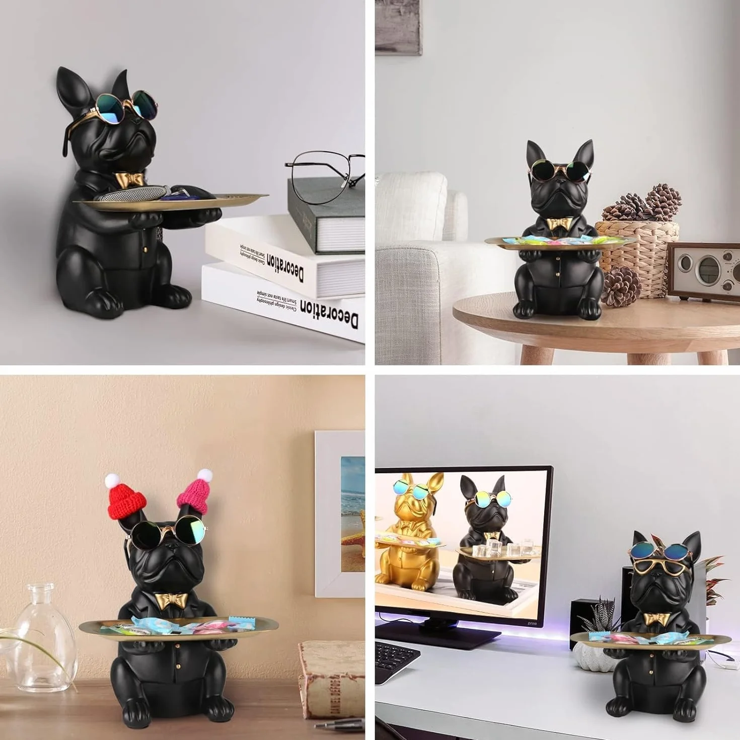 Bouledogue Statue Chien Plateau Décoratif Résine Clés Rangement Décoration Maison Moderne (Noir)