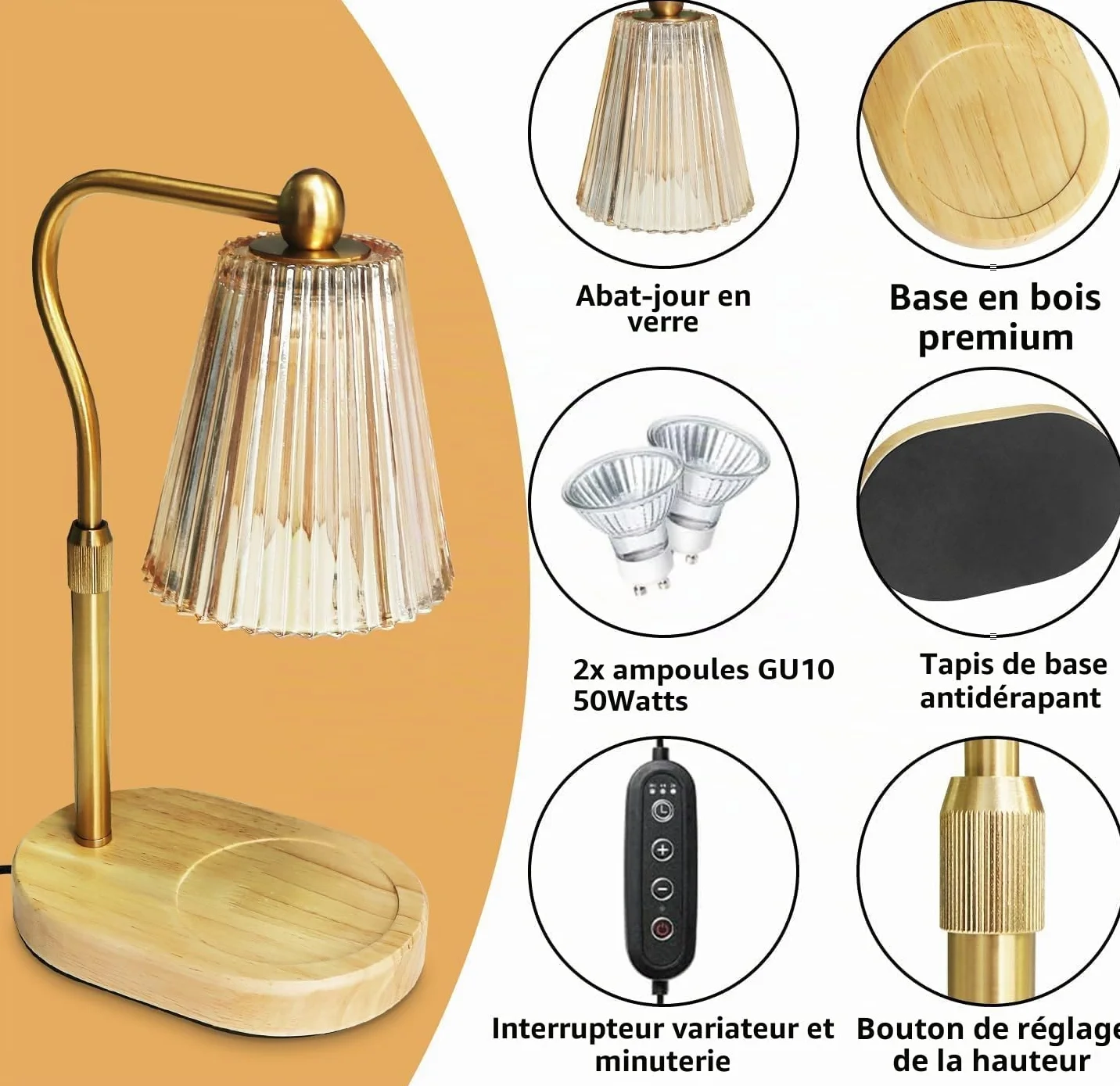 Loowoko Lampe Chauffe Bougie, Chauffage Bougie avec Minuterie et Variateur,Réglable en Hauteur,avec 2 Ampoules,Candle Warmer Lamp pour Bougies Parfumées en Verre, Maison, Chambre, Décoration