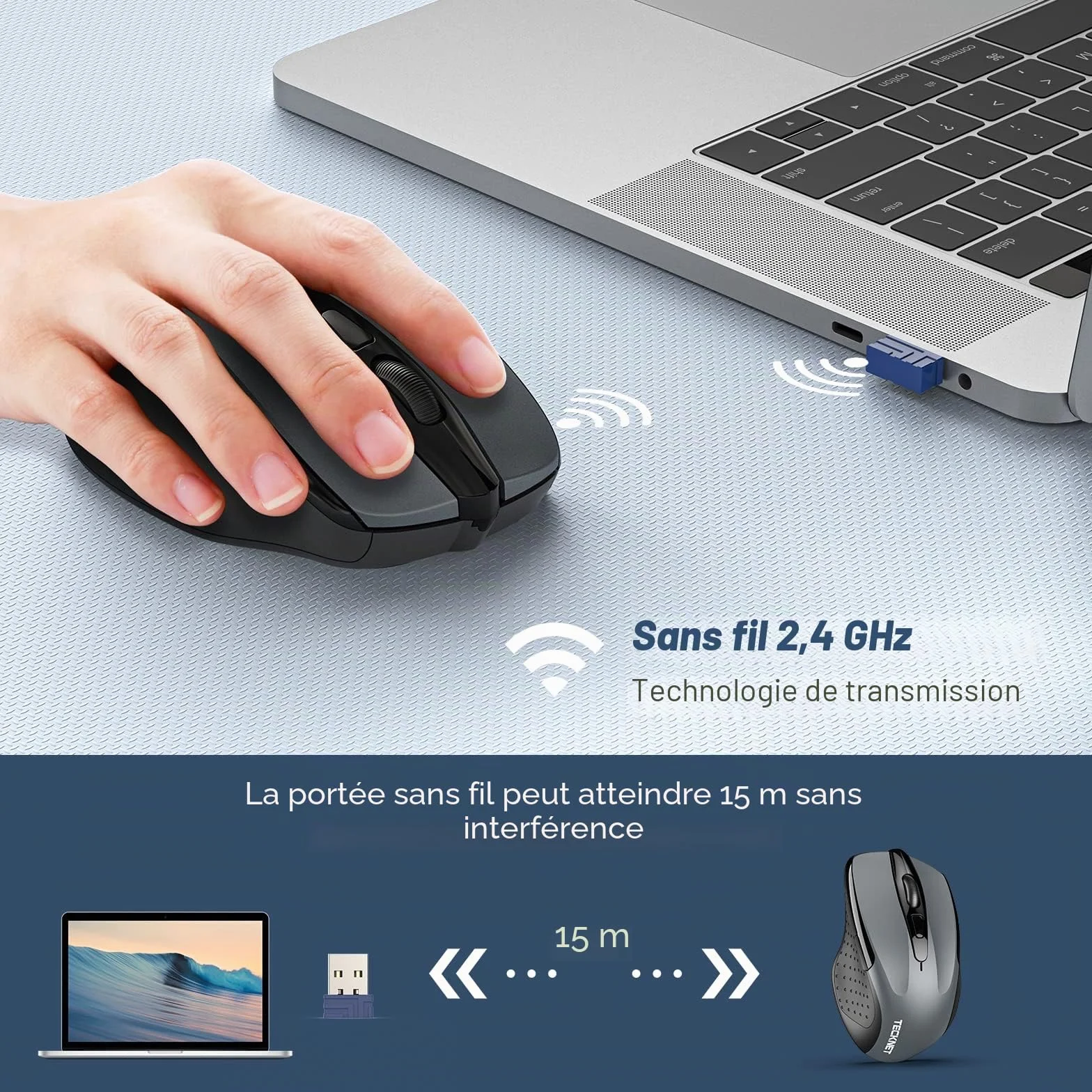 TECKNET Souris sans Fil 2.4G Optique 2600 DPI Ergonomique avec Récepteur USB Gris