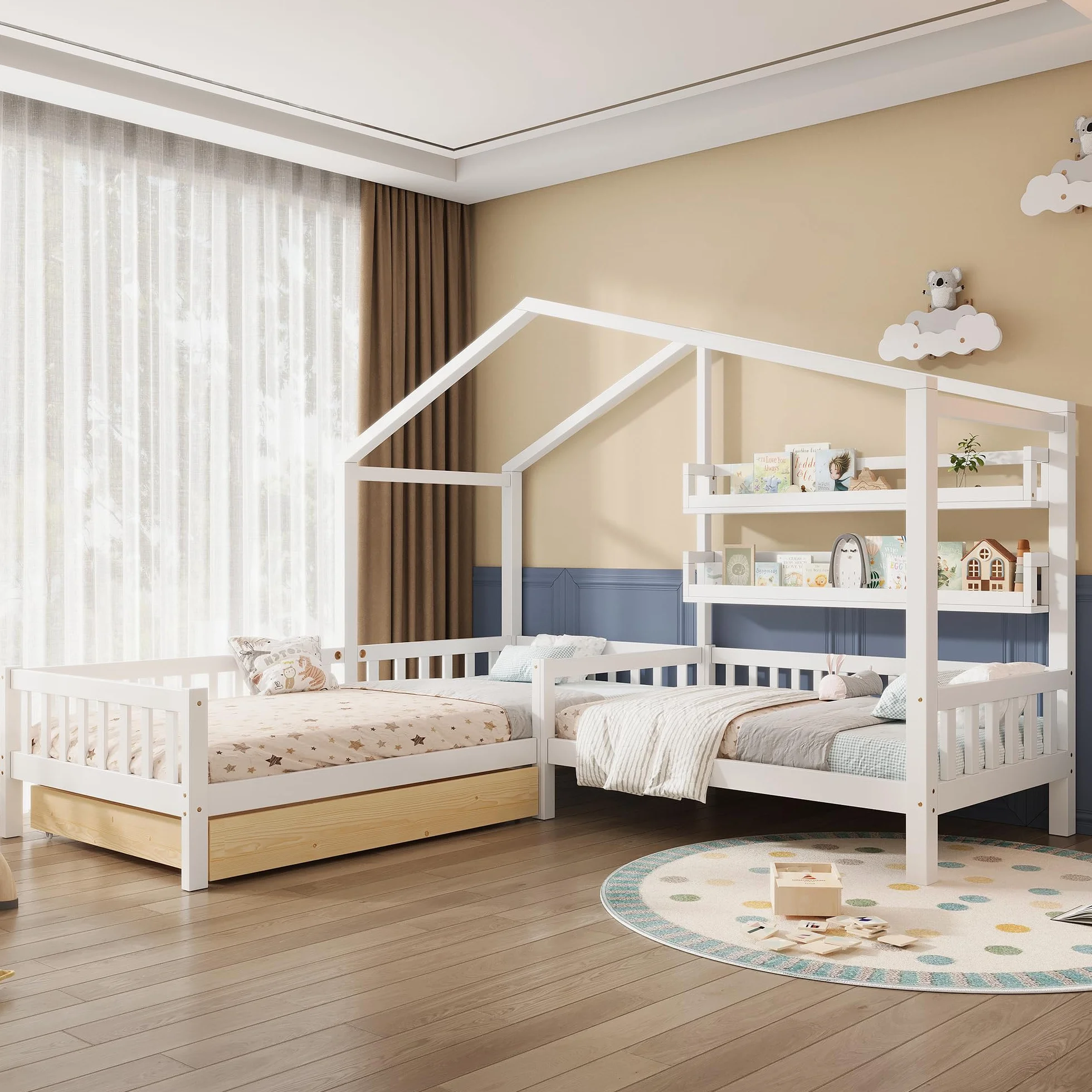 Merax Lit de maison, avec tiroirs et étagères, lit d'enfant, 90 x 200 cm et 140 x 70 cm, lit de jeu en bois massif avec clôture et sommier à lattes, structure en L, pour 2 enfants, lit double, blanc