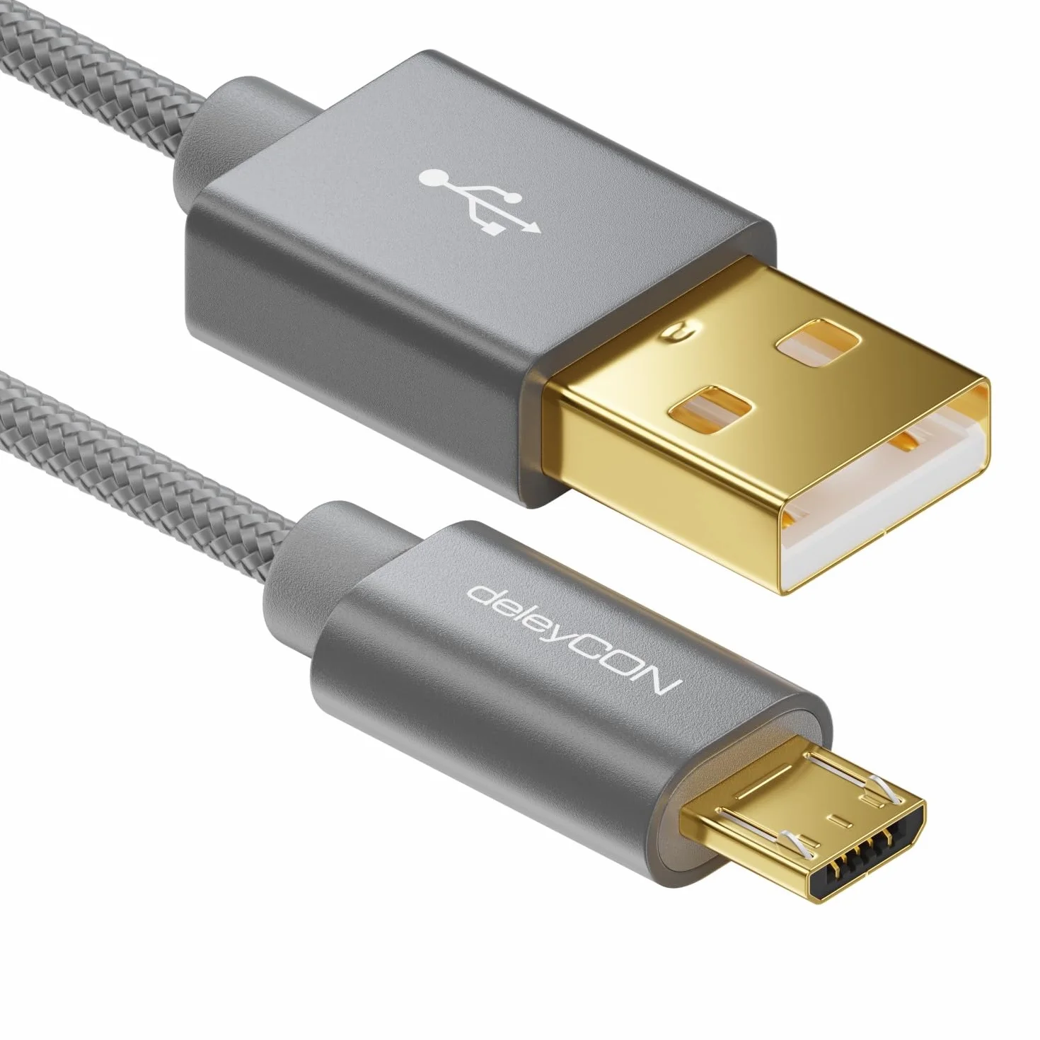 deleyCON Micro USB Kabel 3,0m z Nylonem + Metalowymi Wtykami - Kabel Ładowania Przewód Danych Szybkie Ładowanie do Smartfona, Tabletu, PC, Laptopa, Notebooka - Szary