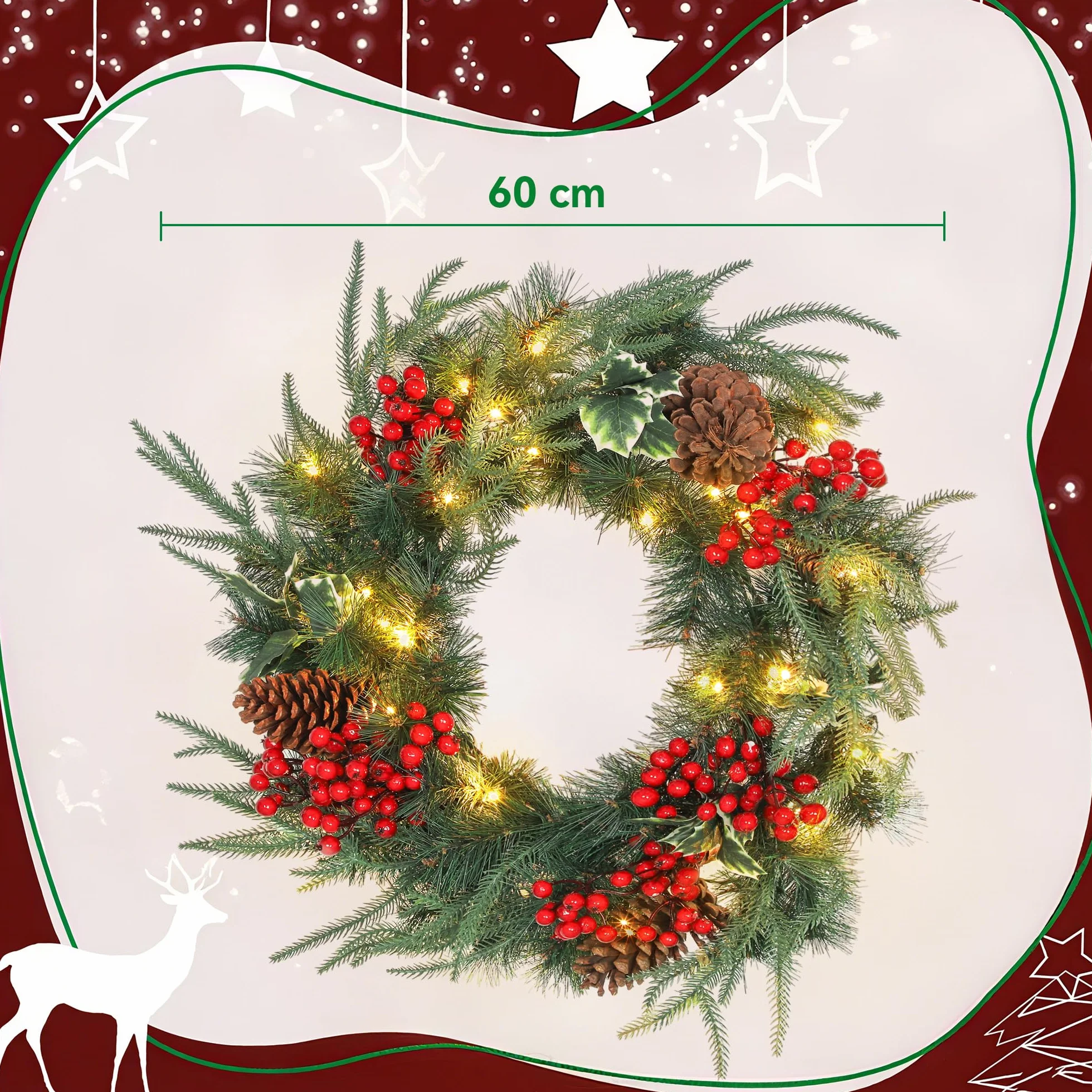HOMCOM Couronne de Noël Lumineuse 60 cm avec 35 LED Blanc Chaud, minuterie, Couronne de Noël de Porte d'entrée, 170 Pointes, Pommes de pin, Baies, Feuilles de Houx, pour Porte, Mur, cheminée, Vert
