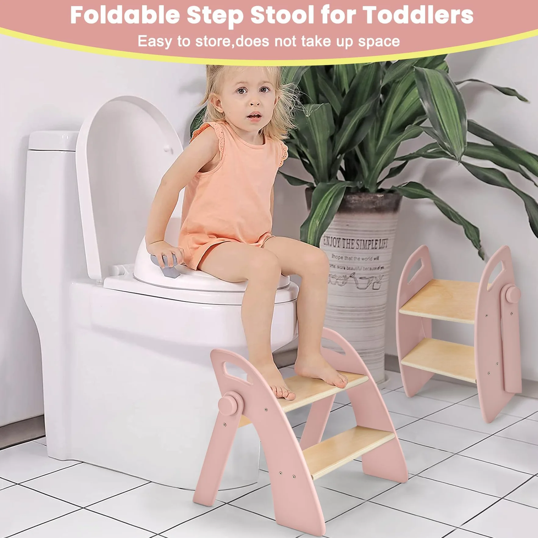 Marche Pied Pliable à 2 Marches en Bois pour Enfants, Capacité de 130 kg avec Tapis Antidérapant et Poignées, Tabouret pour Chambre, Salle de Bain, Cuisine, Rose