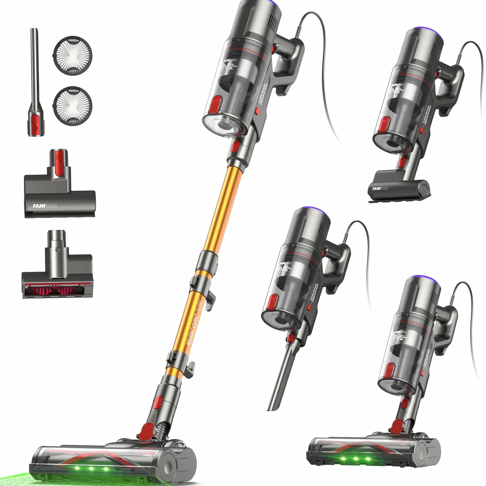 FAMIVAC FV2 Aspirateur Balai avec Fil, 65Kpa/600W Aspirateur sans Sac Puissant, Brosse Matelas, 1,3KG Léger, Câble 7M, 1,5L, Brosse Anti-Enroulement & Autoportante pour Tapis, Sols, Poils d’Animaux