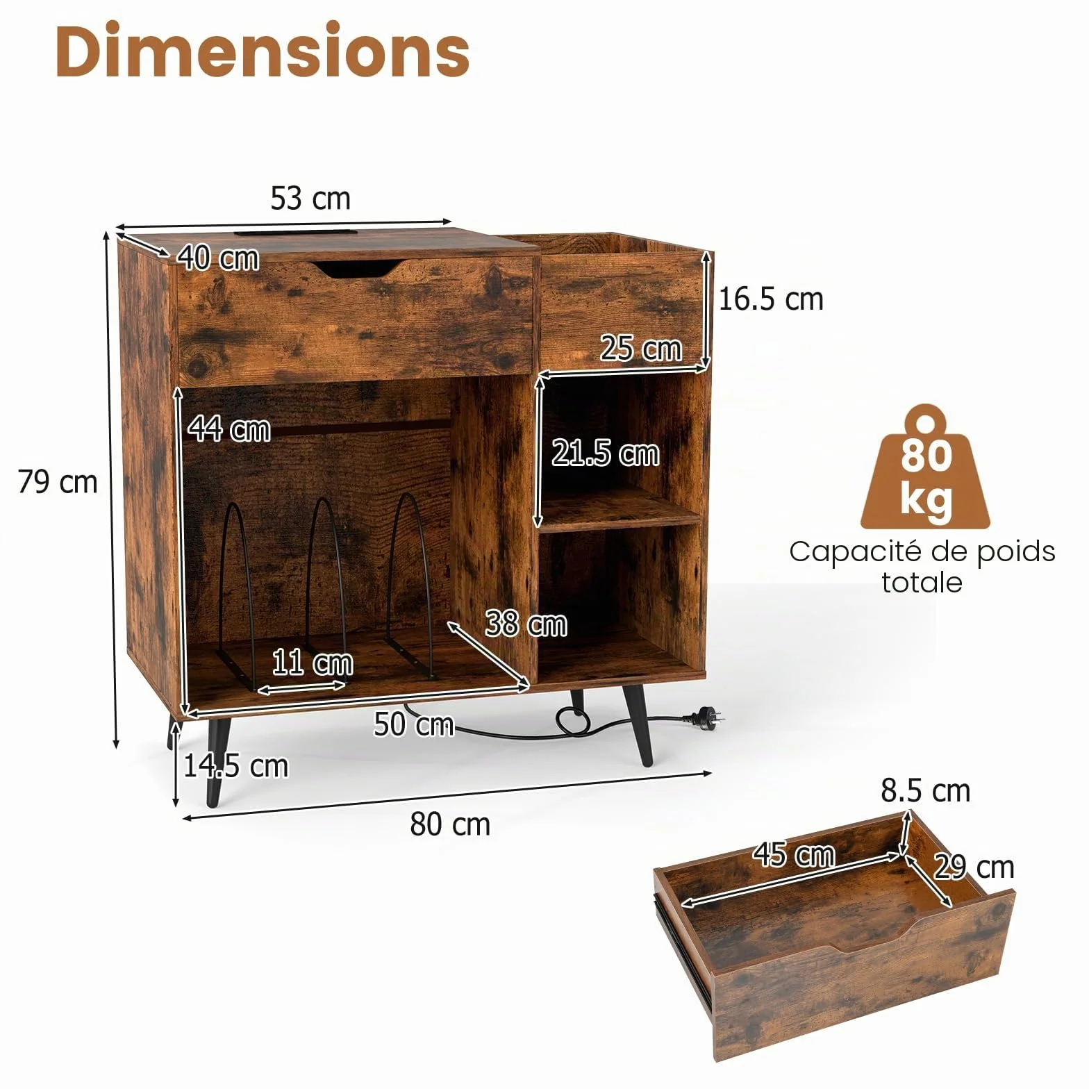 KOMFOTTEU Meuble Platine Vinyle avec Station de Charge, Support de Tourne-Disque avec 4 Compartiments Semi-Ouverts et 1 Tiroir, Meuble Tourne-Disque,80 x 40 x 79 cm, Style Industriel