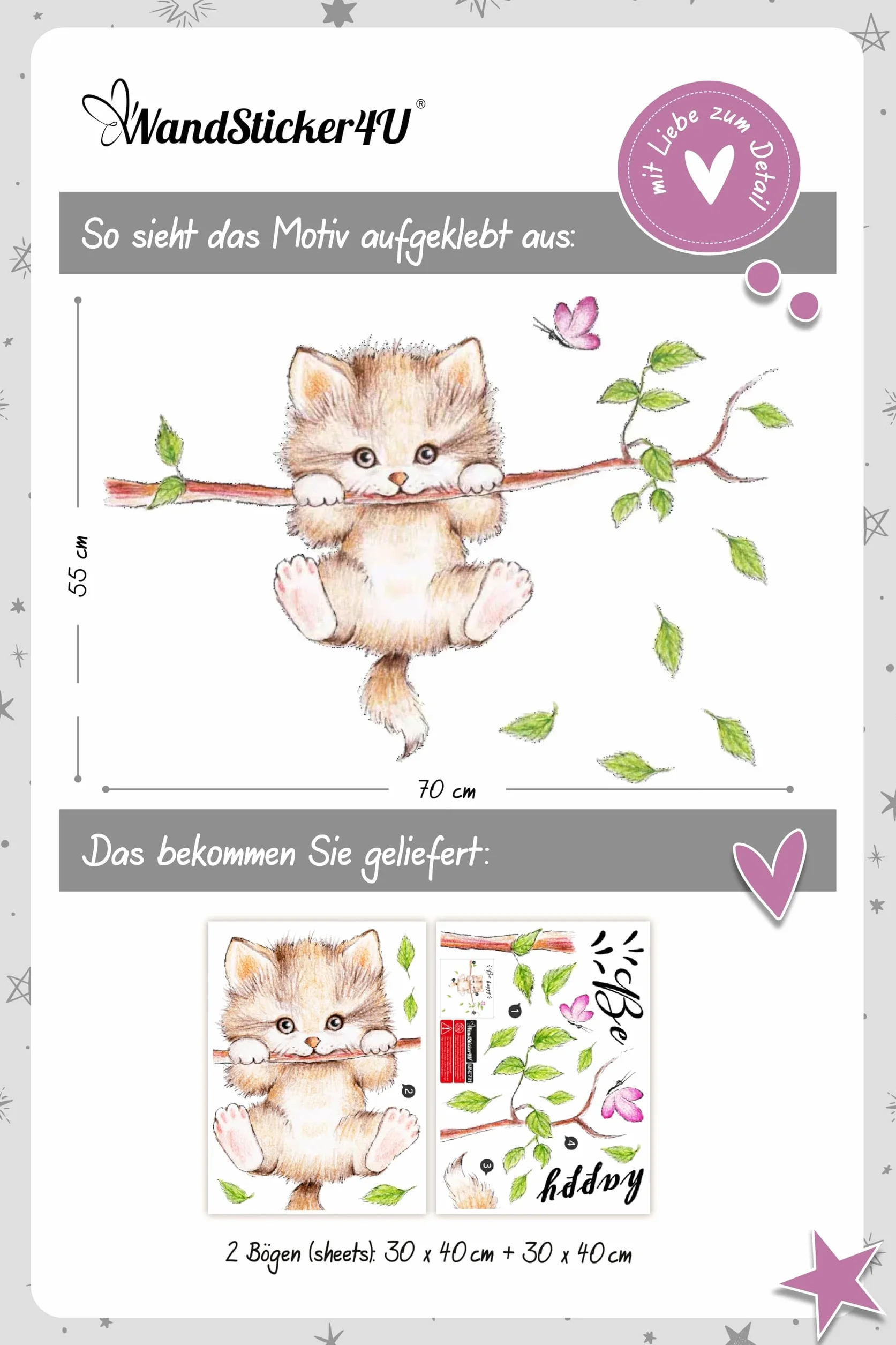 WandSticker4U® Autocollant mural CHAT MIGNON 77x55 cm animaux forêt arbre branche fleurs décoration murale chambre enfant