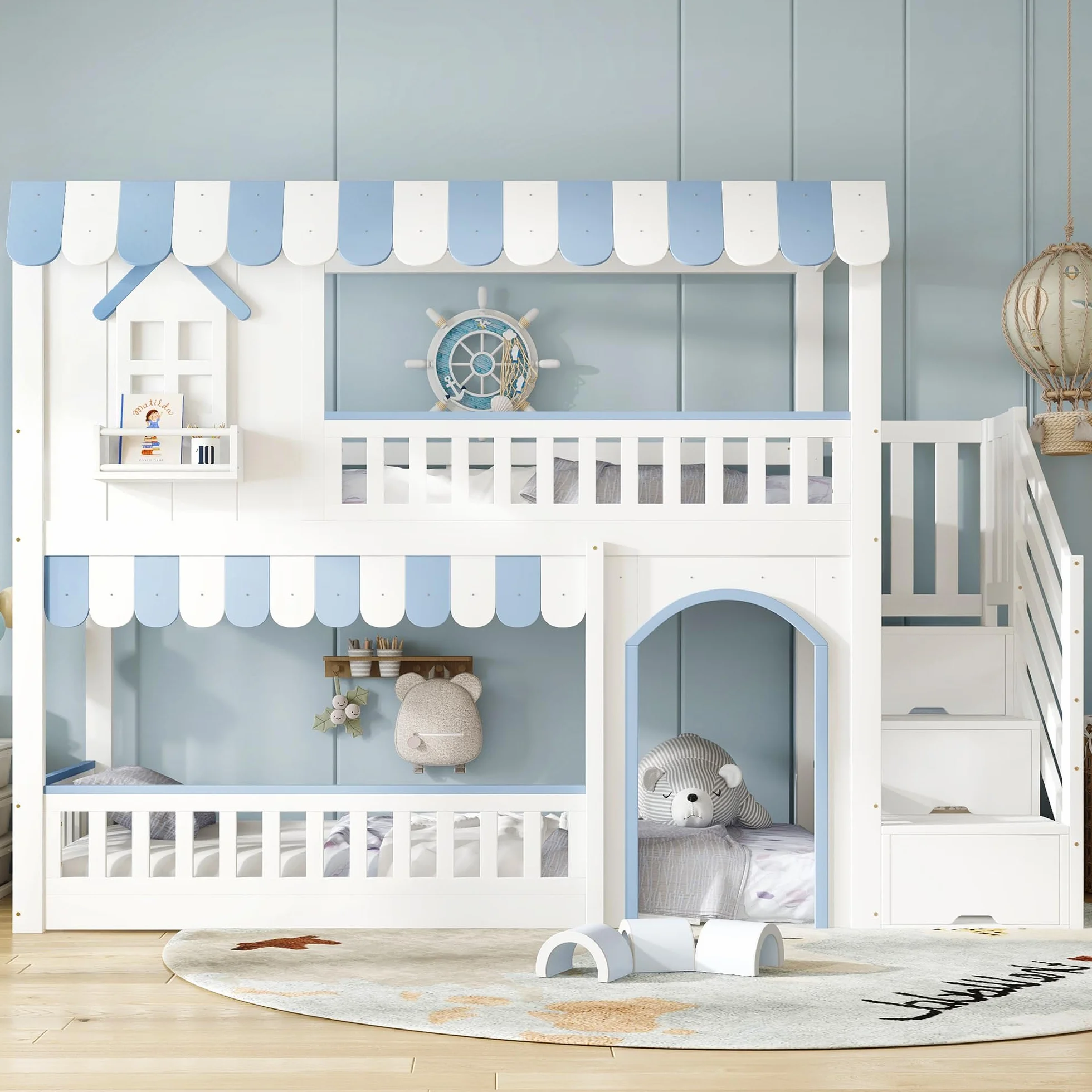 Lit Superposé Enfant 90x200 cm 2 Places avec Garde-Corps, Lit Enfant avec Rangement Échelle Inclinée, Commode-Étage Détails Décoratifs, Lit Mezzanine Sommier à Lattes Enfant Fille Garçon
