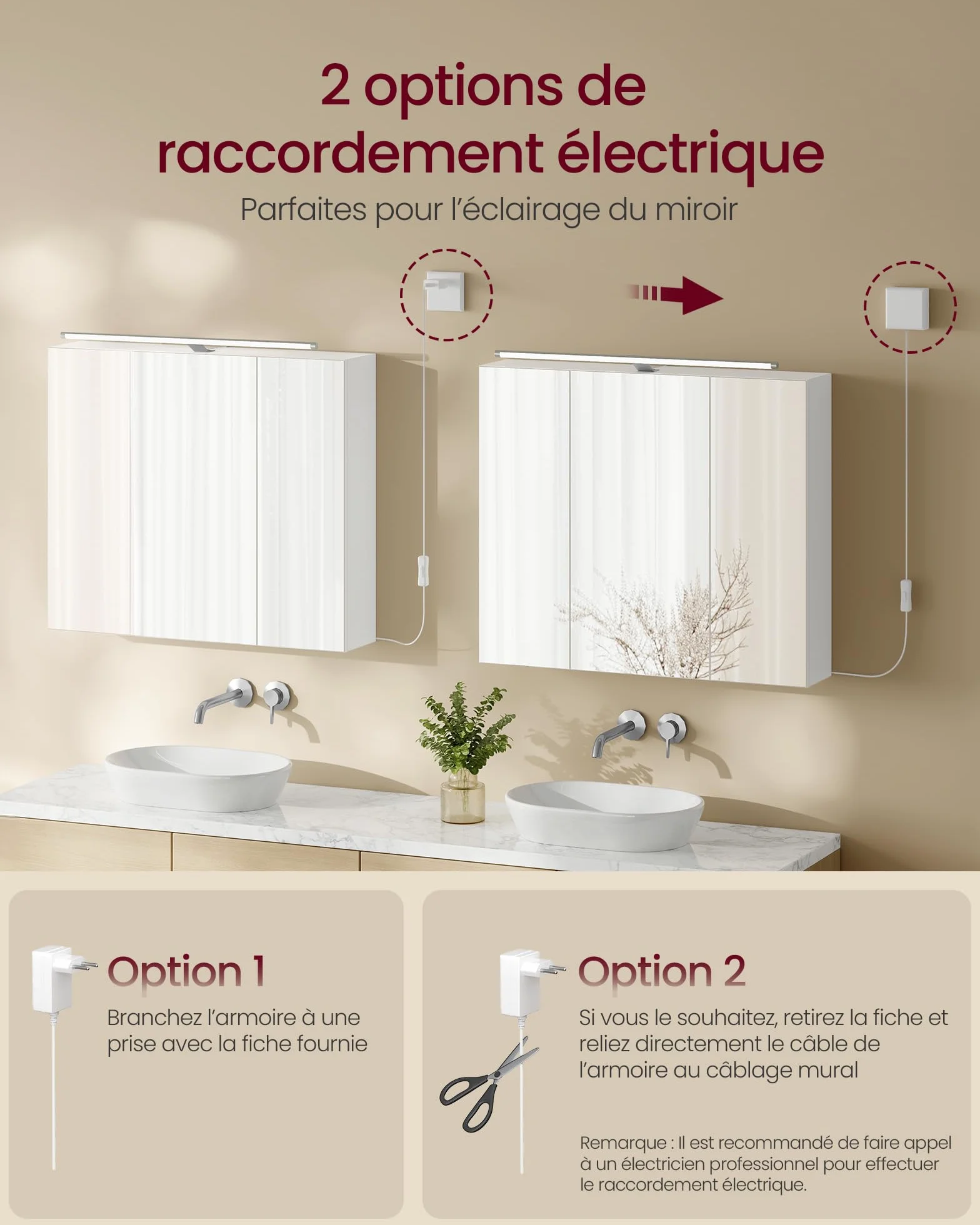 VASAGLE Kailyn Collection - Armoire Murale à 3 Portes Miroir avec Éclairage, Meuble de Salle de Bain, Étagères Réglables, Style Moderne, 15 x 70 x 60 cm, Blanc Nuage BBK139WB01