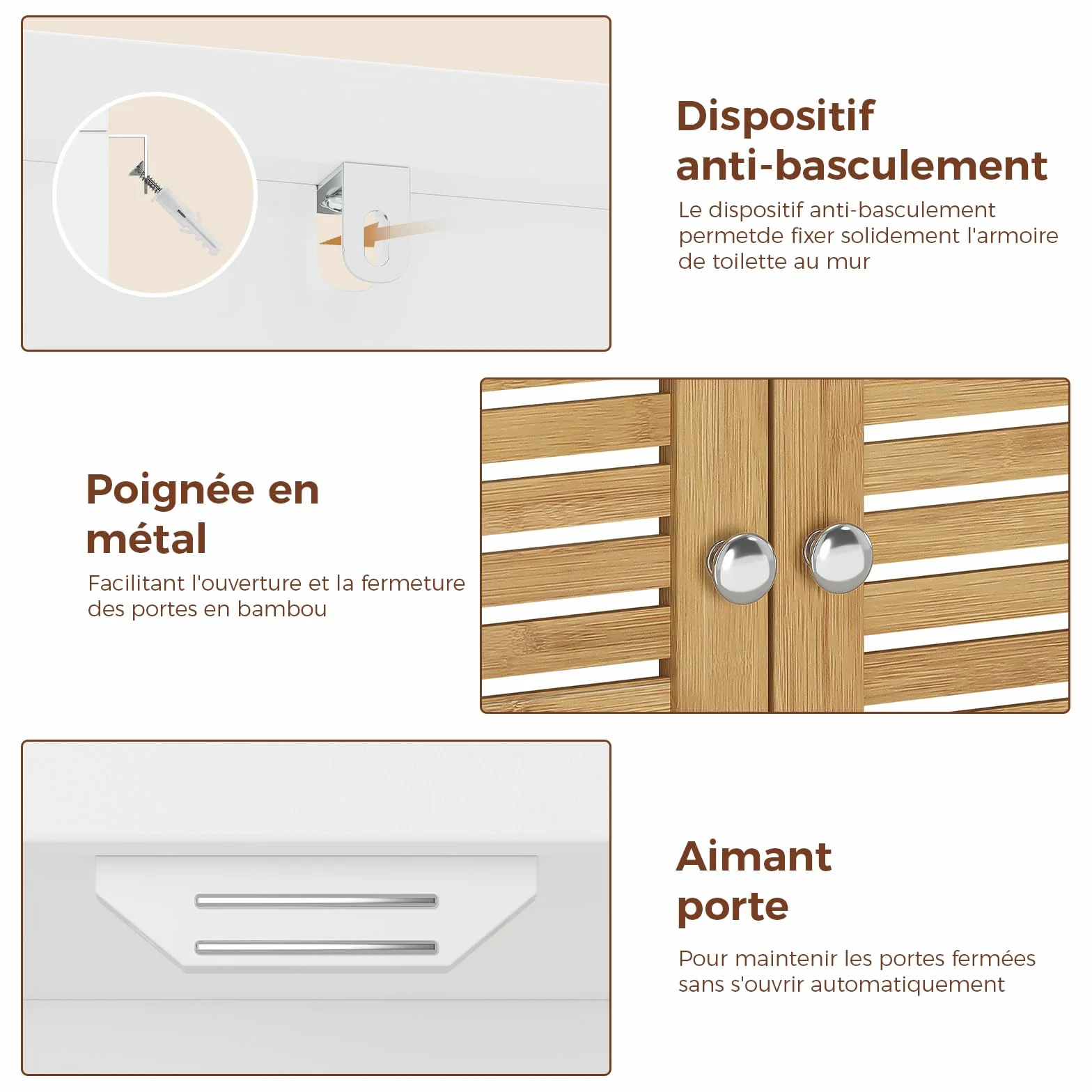 Meuble Colonne de Salle de Bain, Armoire Haute Cuisine avec 3 Étagères Réglables et Ouvertes, 4 Portes en Bambou, Meuble de Rangement pour Salon, Cuisine, Salle de Bain, 60x30x170 cm