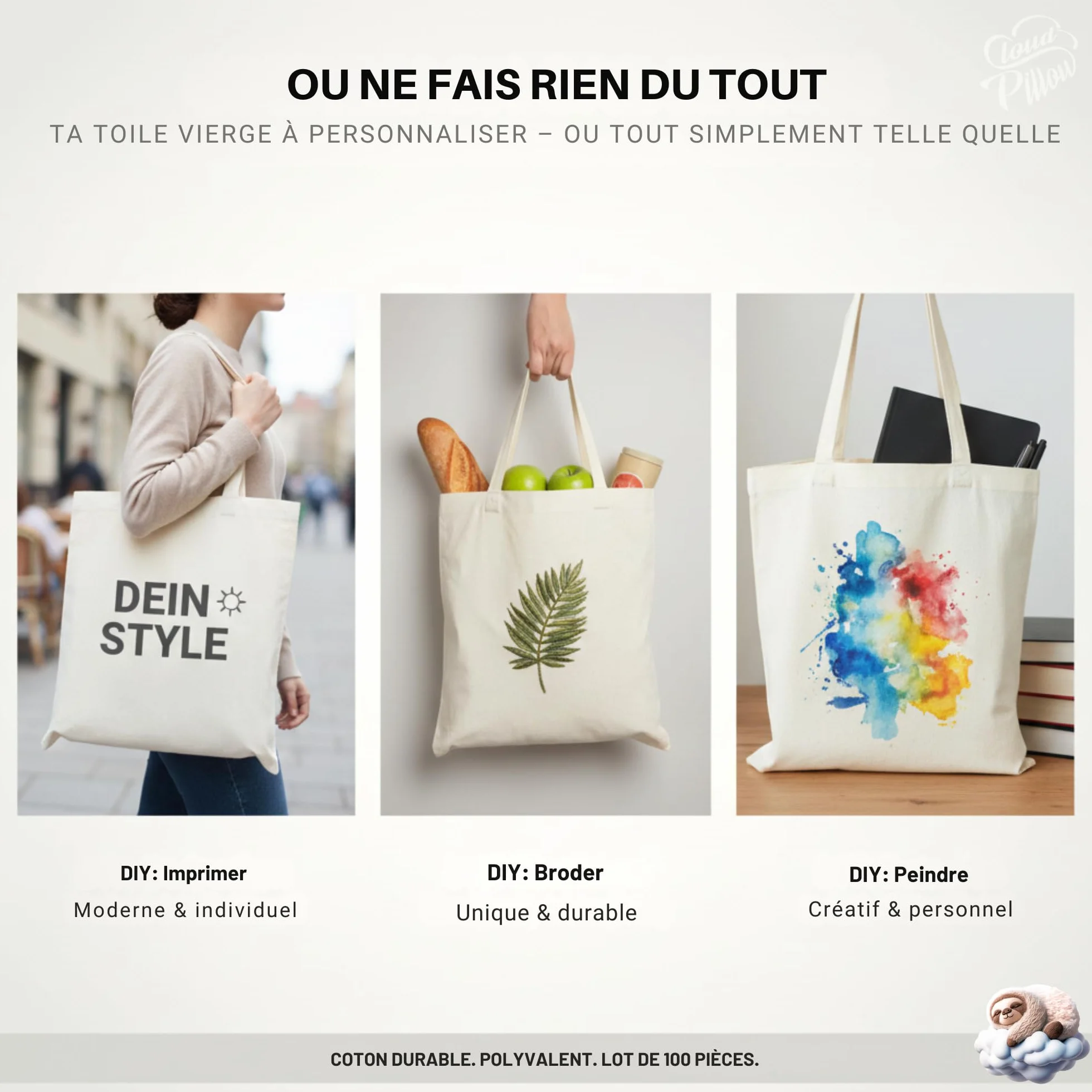 Cloud Pillow sac coton 38 x 42 cm – tote bag coton 100% 144 g/m², anses env. 70 cm, tote bag vierge pour le DIY – pratique au quotidien, pour l’université et le bureau – OEKO-TEX Standard 100